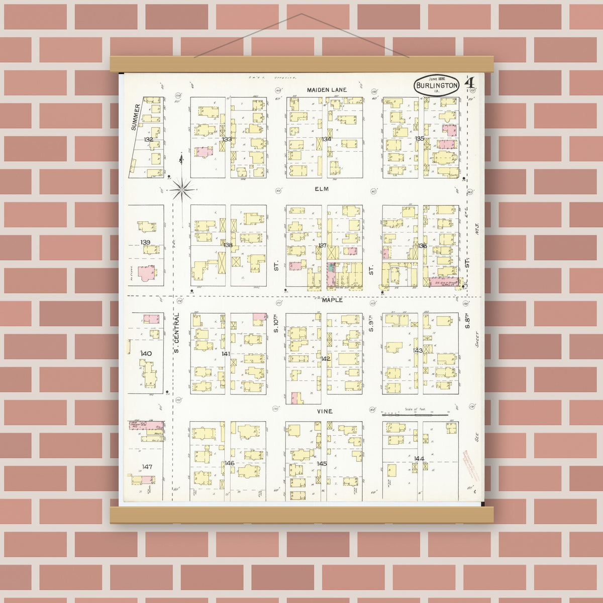 Old map wall art mockup — magnetic wood frame on brick wall — Sanborn Fire Insurance Map from Burlington, Des Moines County, Iowa (1892), Sheet #0004