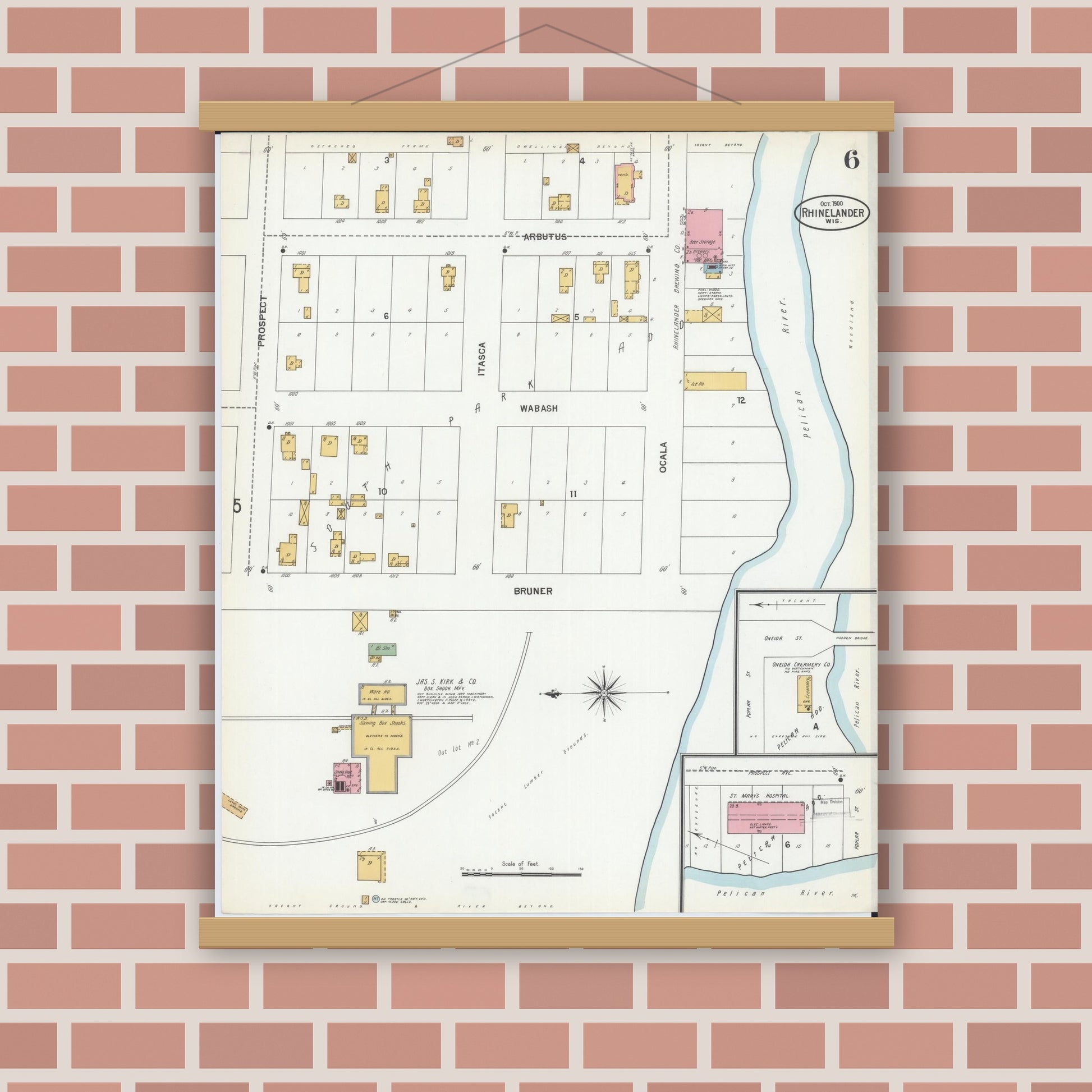 Old map wall art mockup — magnetic wood frame on brick wall — Sanborn Fire Insurance Map from Rhinelander, Oneida County, Wisconsin (1900), Sheet #0006