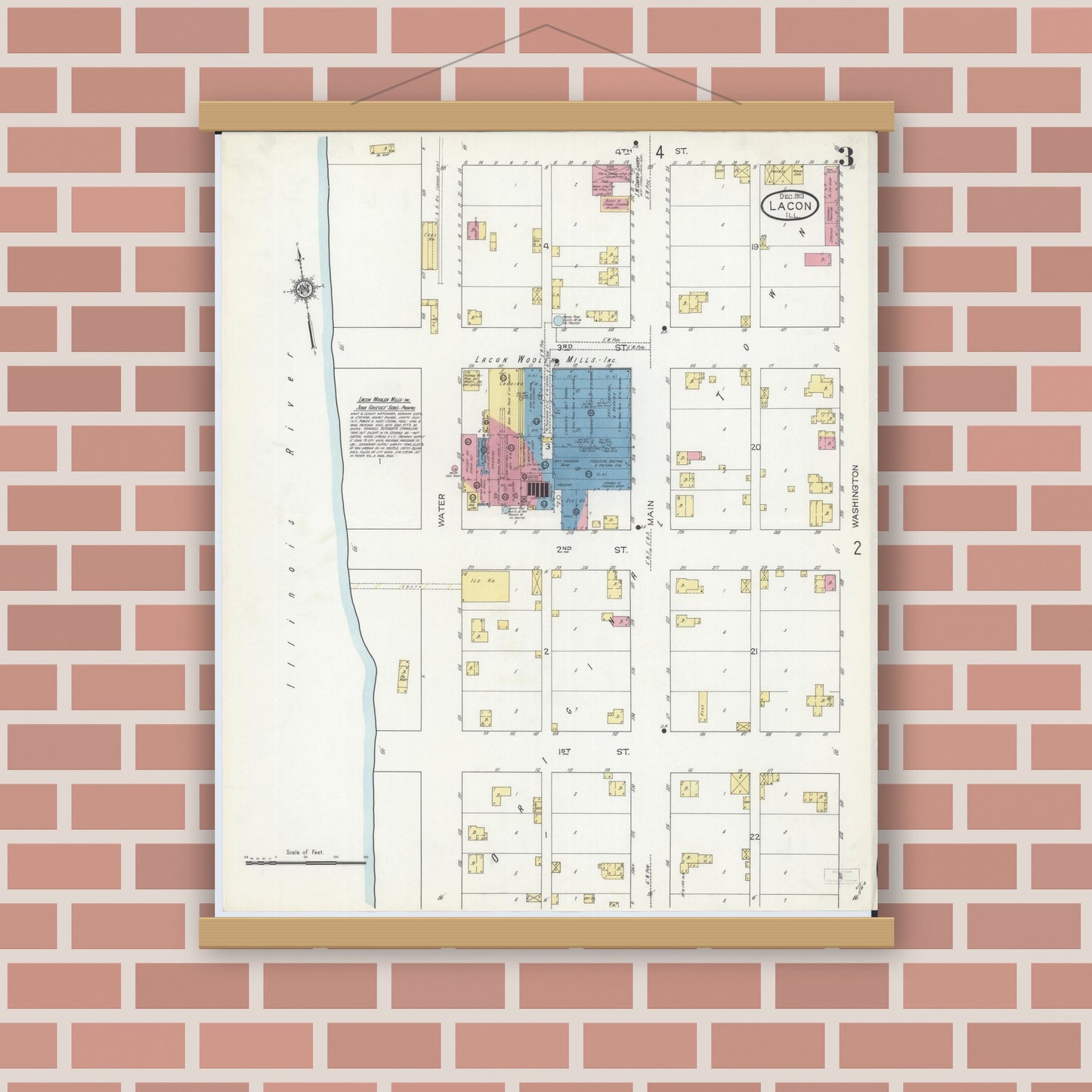 Old map wall art mockup — magnetic wood frame on brick wall — Sanborn Fire Insurance Map from Lacon, Marshall County, Illinois (1913), Sheet #0003