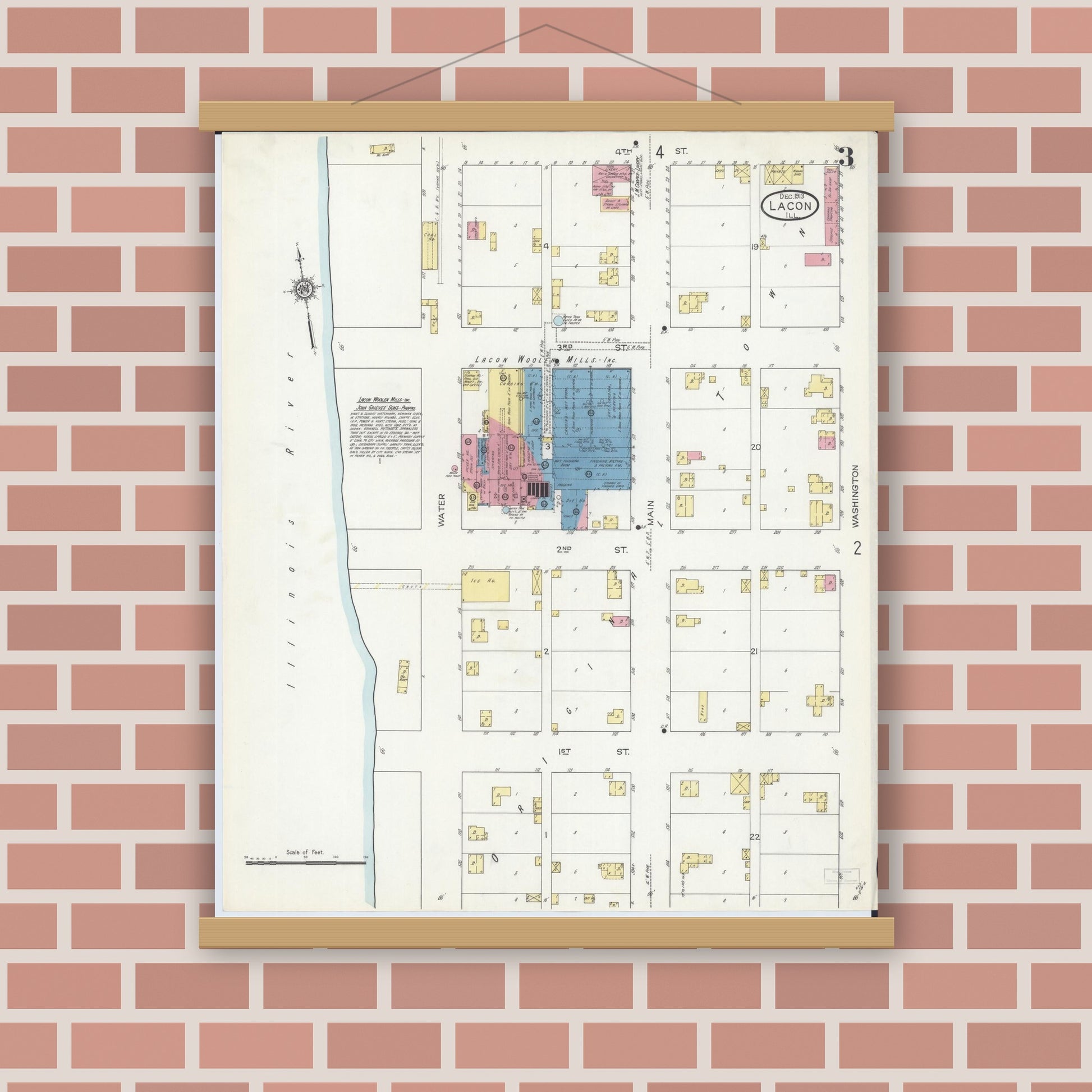 Old map wall art mockup — magnetic wood frame on brick wall — Sanborn Fire Insurance Map from Lacon, Marshall County, Illinois (1913), Sheet #0003
