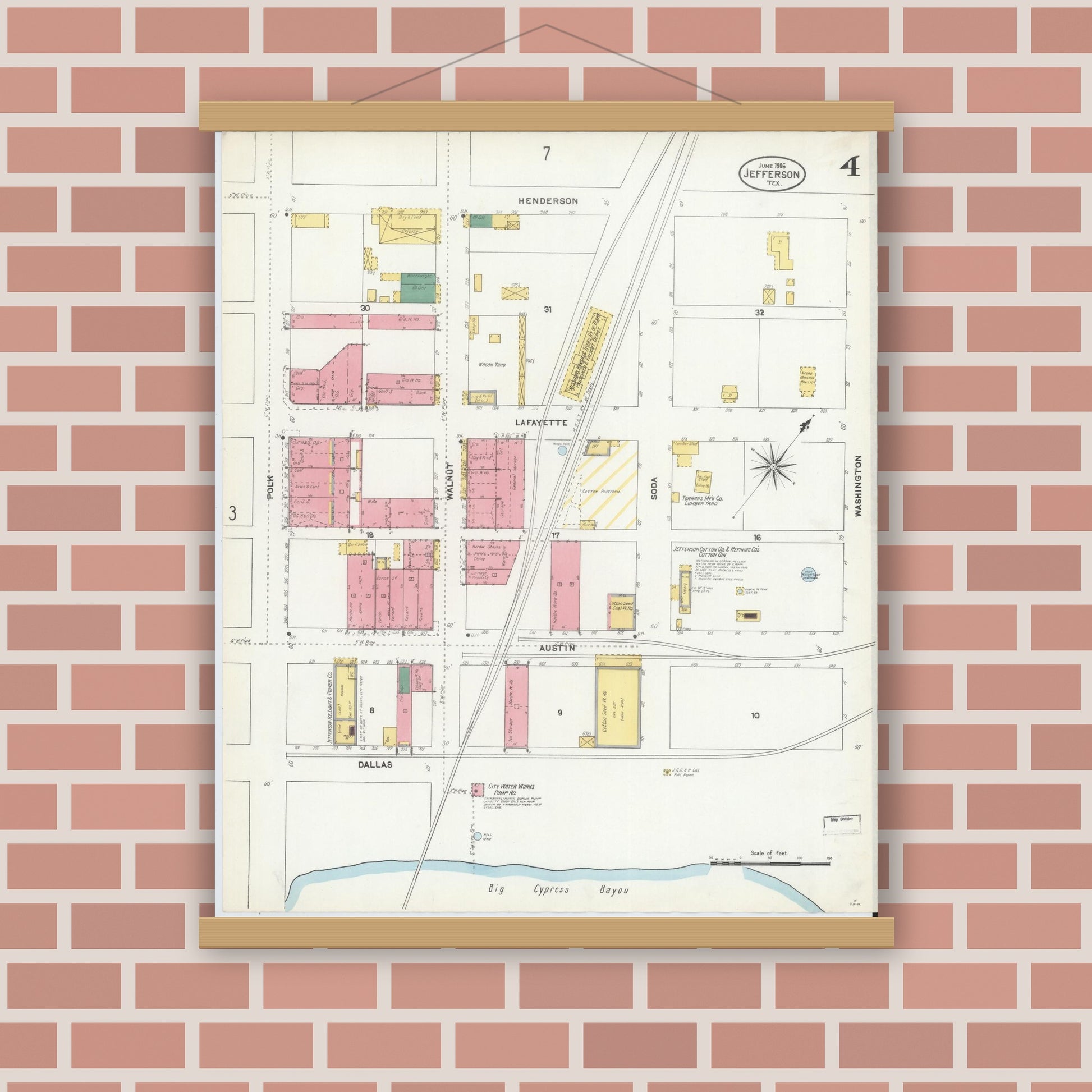 Old map wall art mockup — magnetic wood frame on brick wall — Sanborn Fire Insurance Map from Jefferson, Marion County, Texas (1906), Sheet #0004