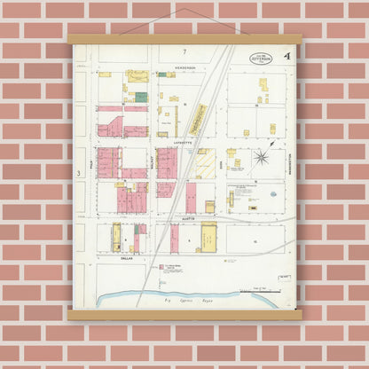 Old map wall art mockup — magnetic wood frame on brick wall — Sanborn Fire Insurance Map from Jefferson, Marion County, Texas (1906), Sheet #0004