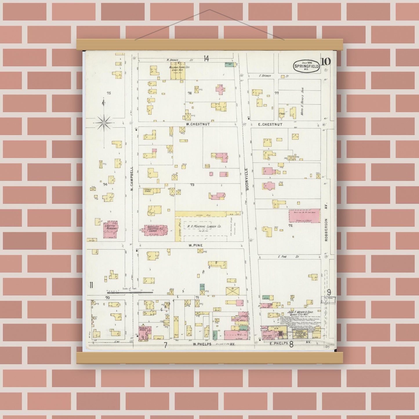 Old map wall art mockup — magnetic wood frame on brick wall — Sanborn Fire Insurance Map from Springfield, Greene County, Missouri (1896), Sheet #0010