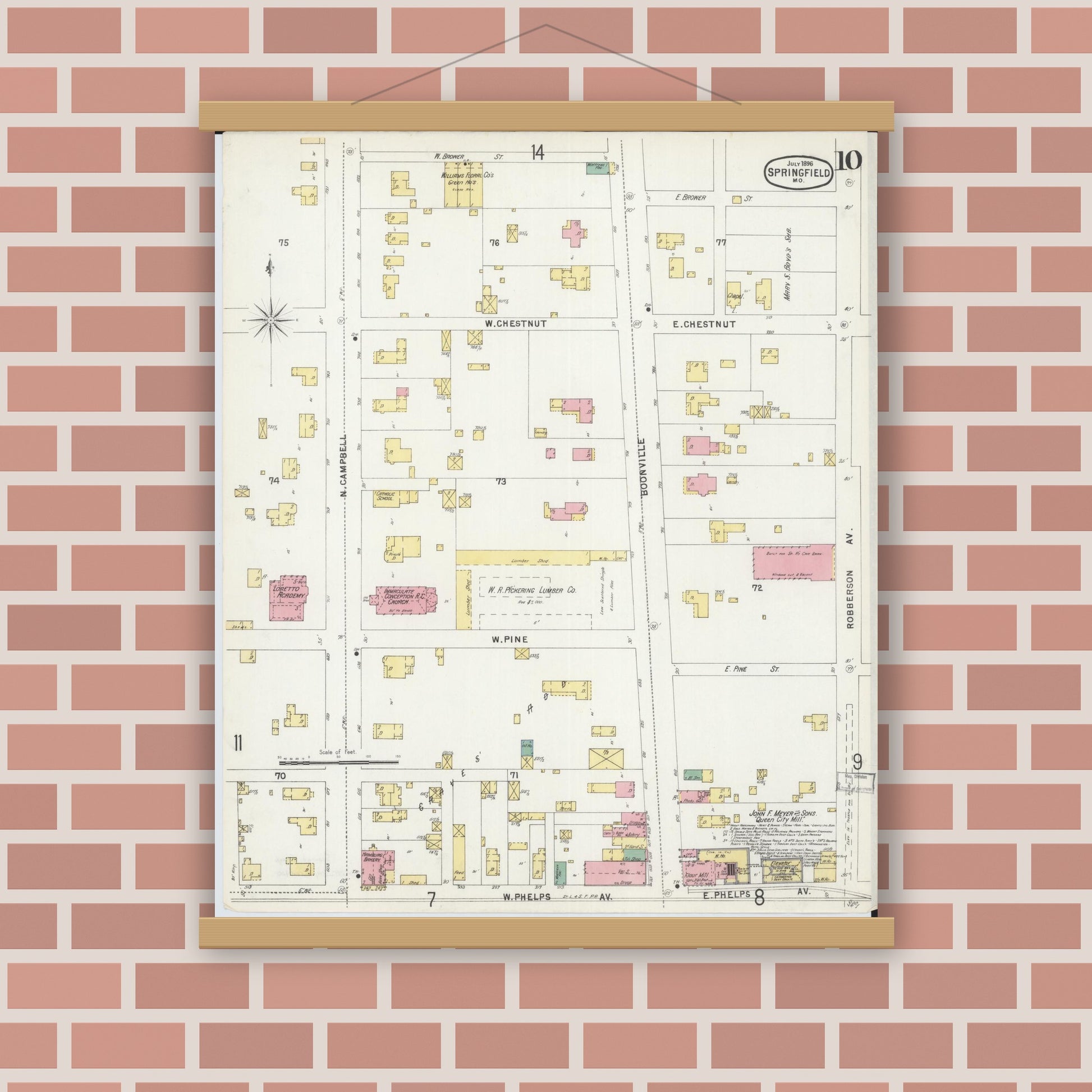 Old map wall art mockup — magnetic wood frame on brick wall — Sanborn Fire Insurance Map from Springfield, Greene County, Missouri (1896), Sheet #0010