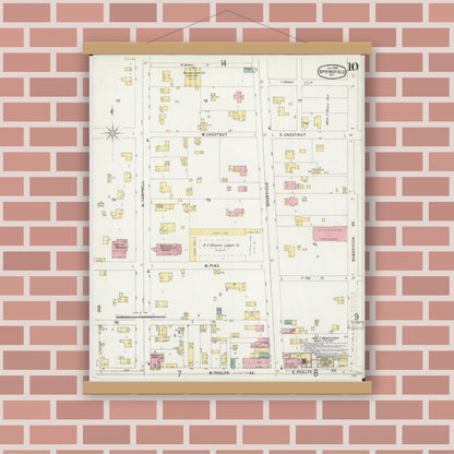 Old map wall art mockup — magnetic wood frame on brick wall — Sanborn Fire Insurance Map from Springfield, Greene County, Missouri (1896), Sheet #0010
