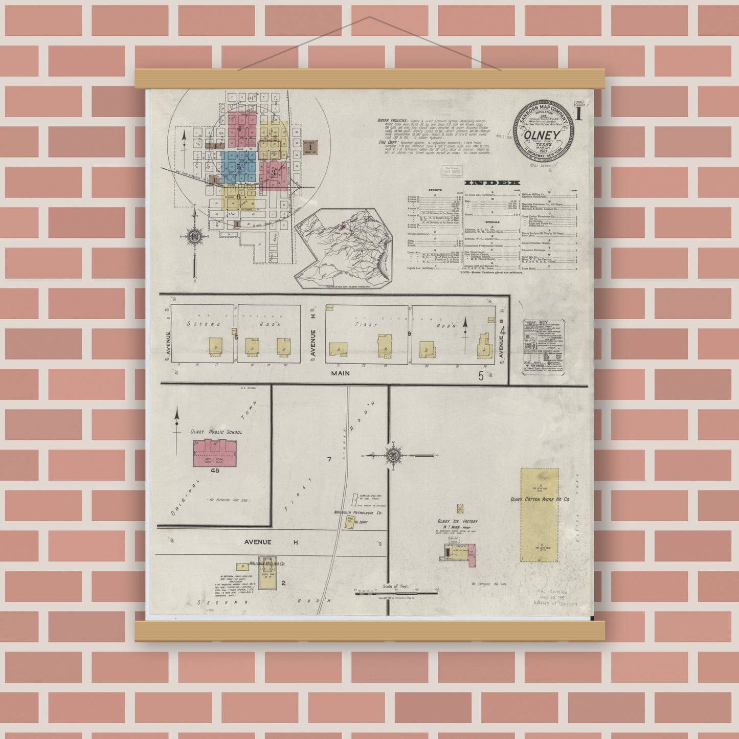 Old map wall art mockup — magnetic wood frame on brick wall — Sanborn Fire Insurance Map from Olney, Young County, Texas (1921), Sheet #0001
