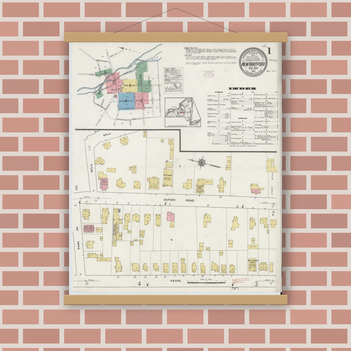 Old map wall art mockup — magnetic wood frame on brick wall — Sanborn Fire Insurance Map from New Hartford, Oneida County, New York (1915) - Complete Map Set