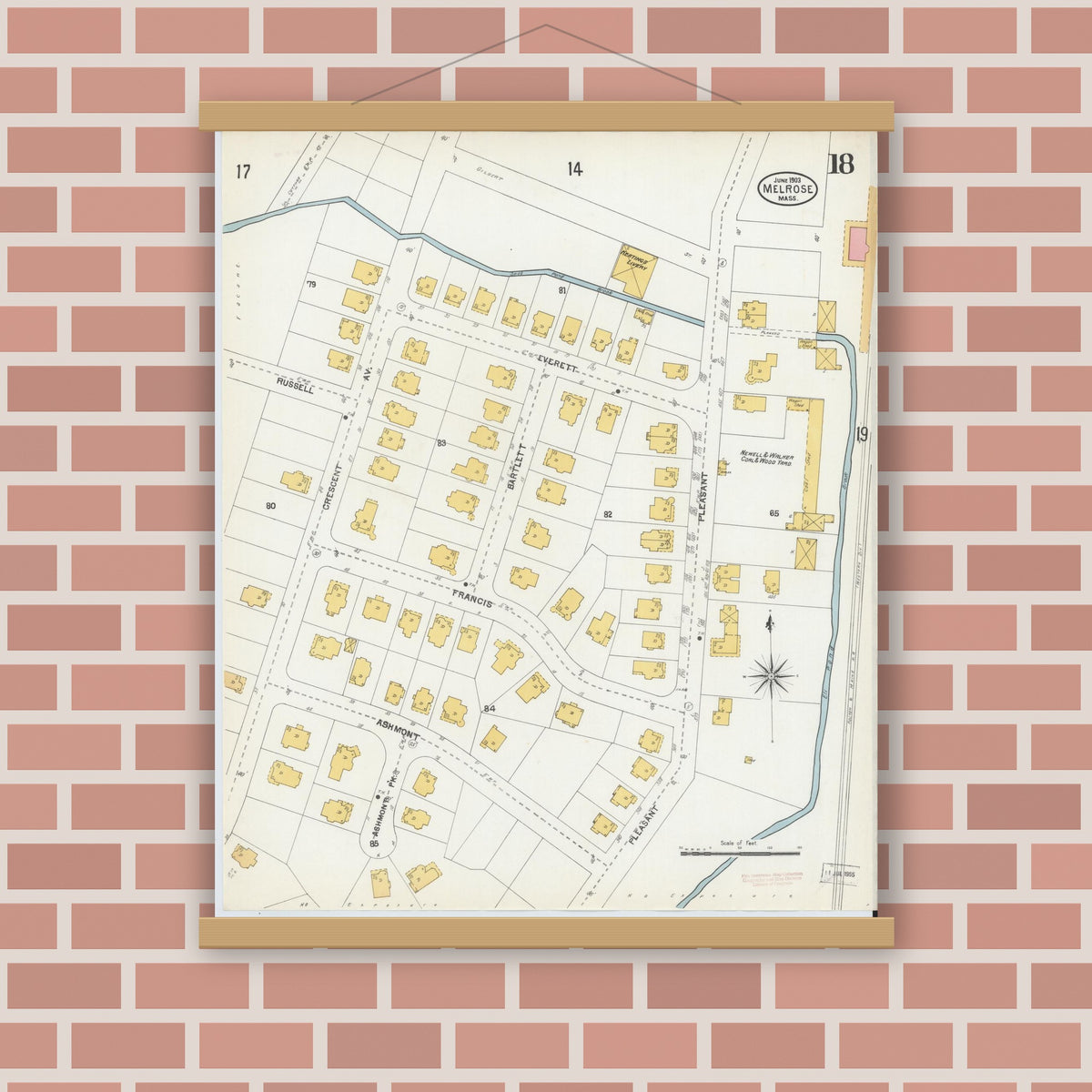 Old map wall art mockup — magnetic wood frame on brick wall — Sanborn Fire Insurance Map from Melrose, Middlesex County, Massachusetts (1903), Sheet #0018