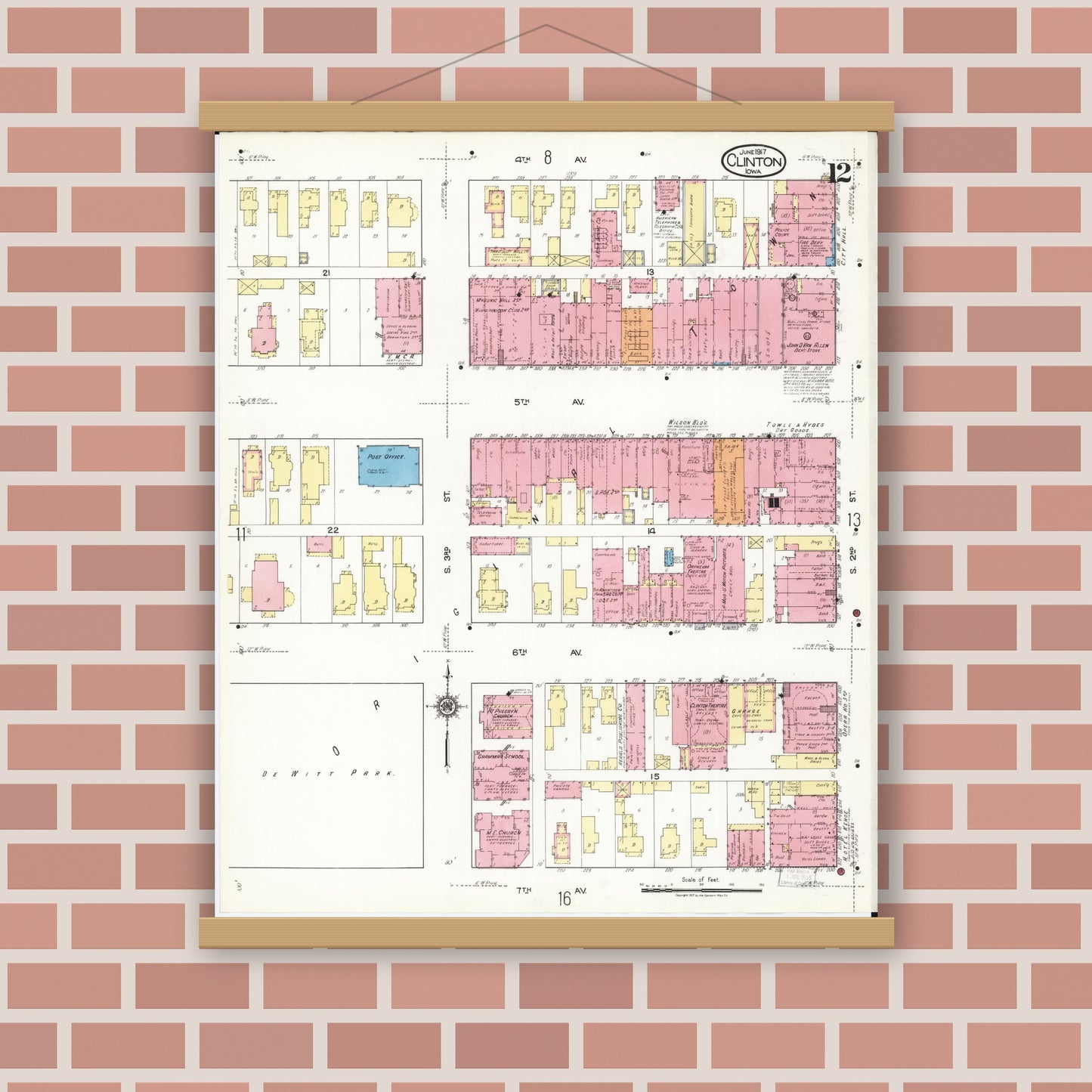 Old map wall art mockup — magnetic wood frame on brick wall — Sanborn Fire Insurance Map from Clinton, Clinton County, Iowa (1917), Sheet #0012