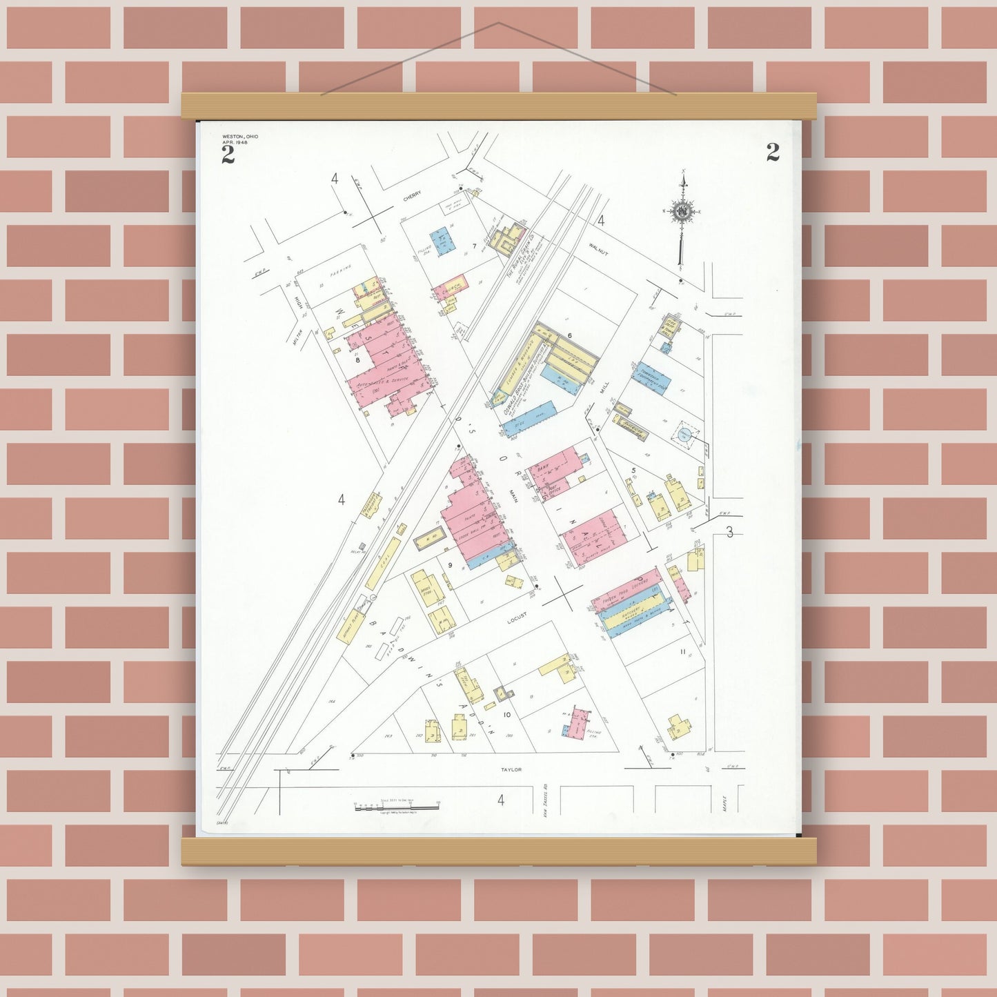 Old map wall art mockup — magnetic wood frame on brick wall — Sanborn Fire Insurance Map from Weston, Wood County, Ohio (1948), Sheet #0002
