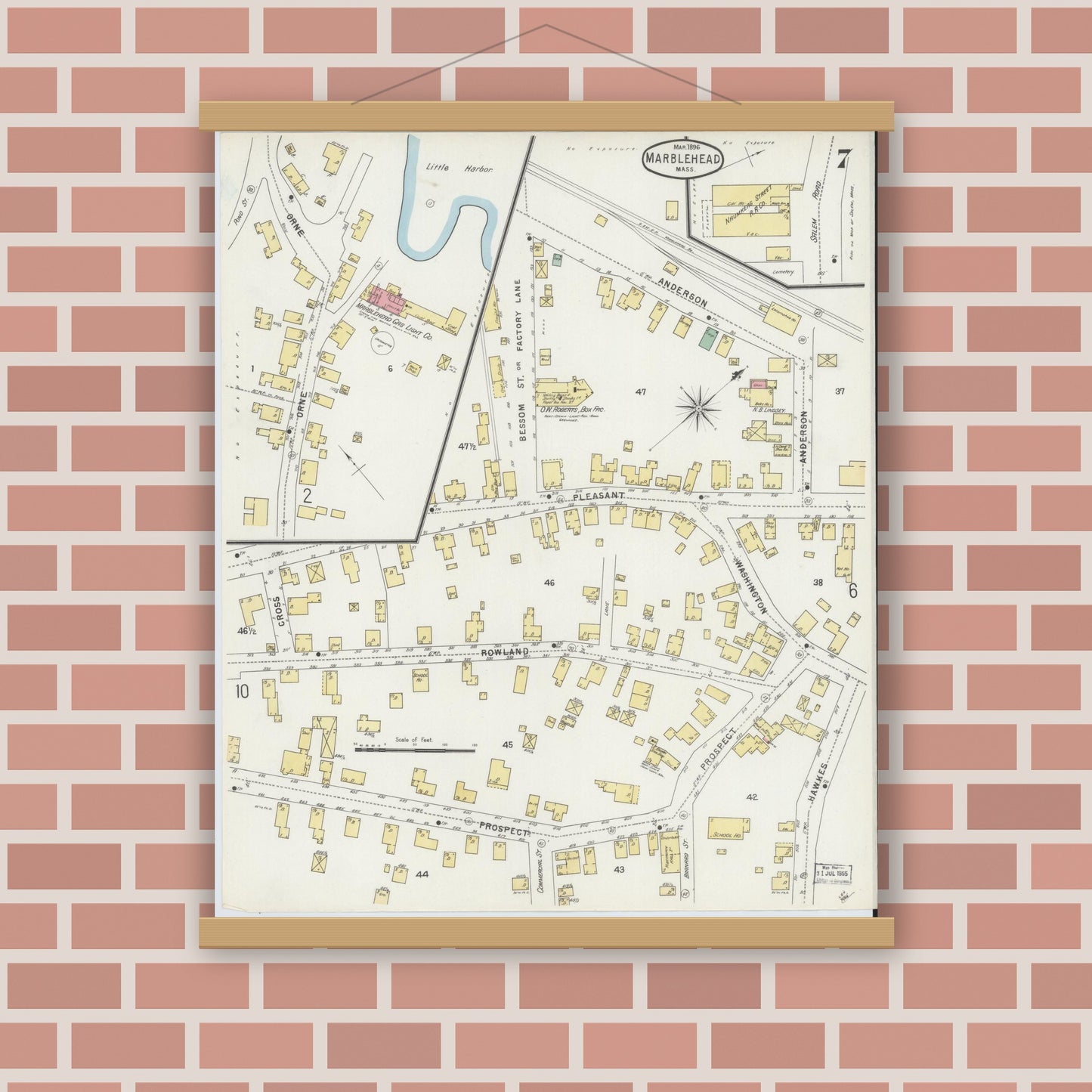 Old map wall art mockup — magnetic wood frame on brick wall — Sanborn Fire Insurance Map from Marblehead, Essex County, Massachusetts (1896), Sheet #0007