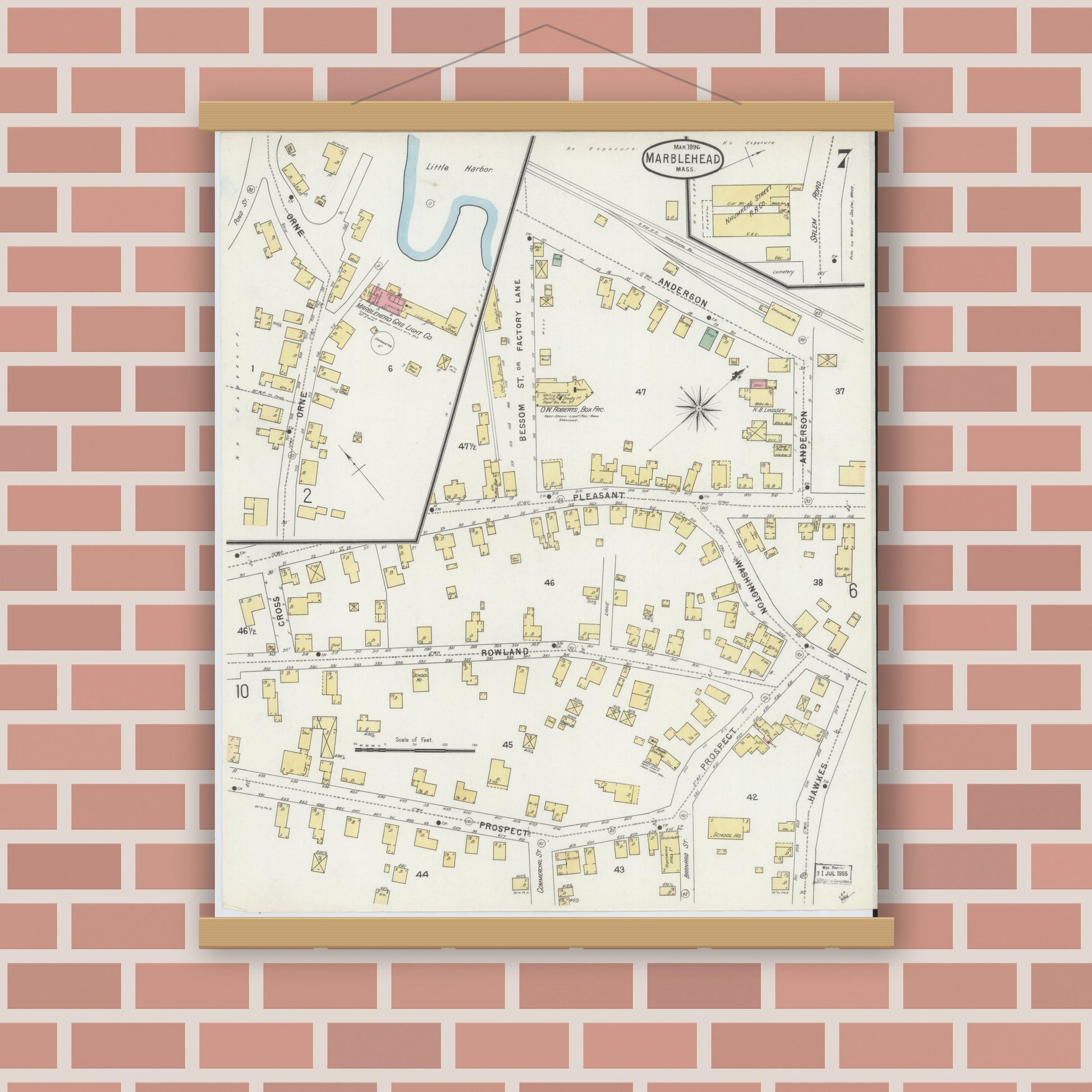 Old map wall art mockup — magnetic wood frame on brick wall — Sanborn Fire Insurance Map from Marblehead, Essex County, Massachusetts (1896), Sheet #0007
