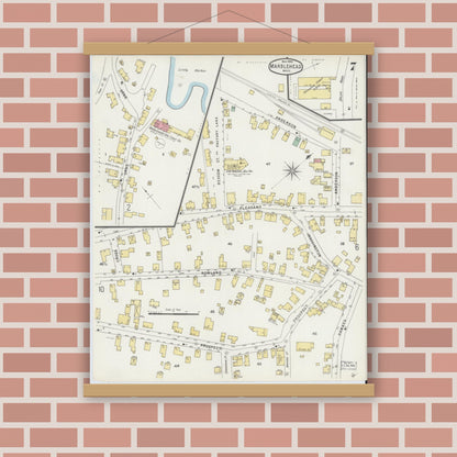 Old map wall art mockup — magnetic wood frame on brick wall — Sanborn Fire Insurance Map from Marblehead, Essex County, Massachusetts (1896), Sheet #0007