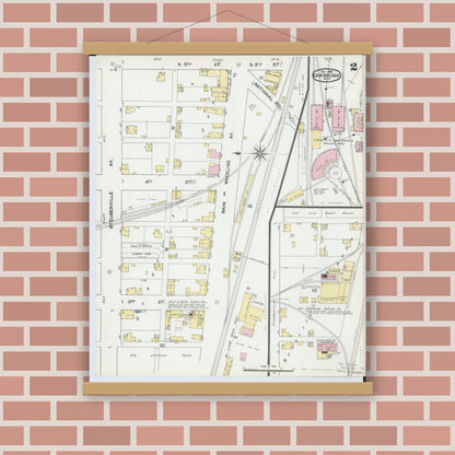 Old map wall art mockup — magnetic wood frame on brick wall — Sanborn Fire Insurance Map from Cambridge, Guernsey County, Ohio (1892), Sheet #0002