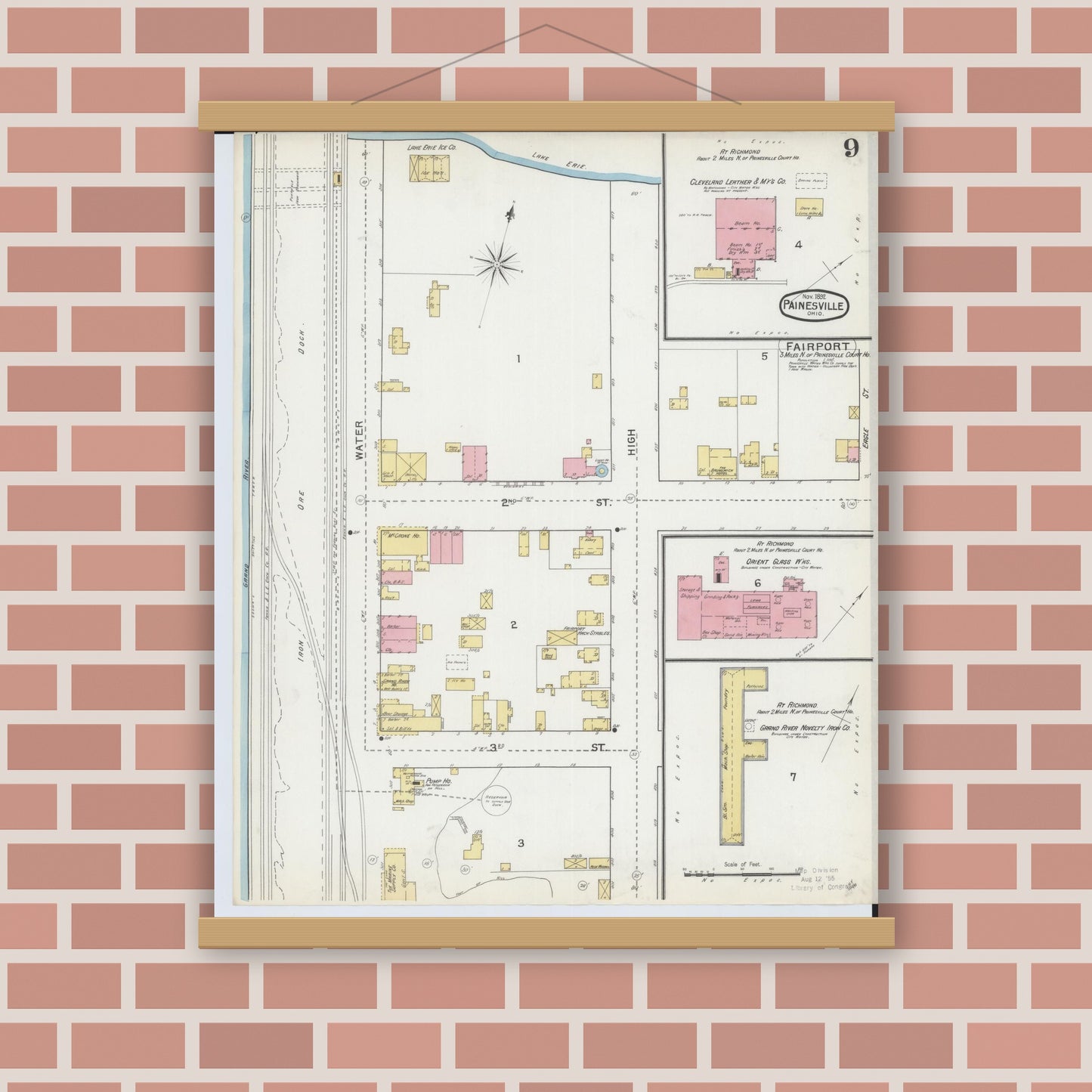 Old map wall art mockup — magnetic wood frame on brick wall — Sanborn Fire Insurance Map from Painesville, Lake County, Ohio (1892), Sheet #0009