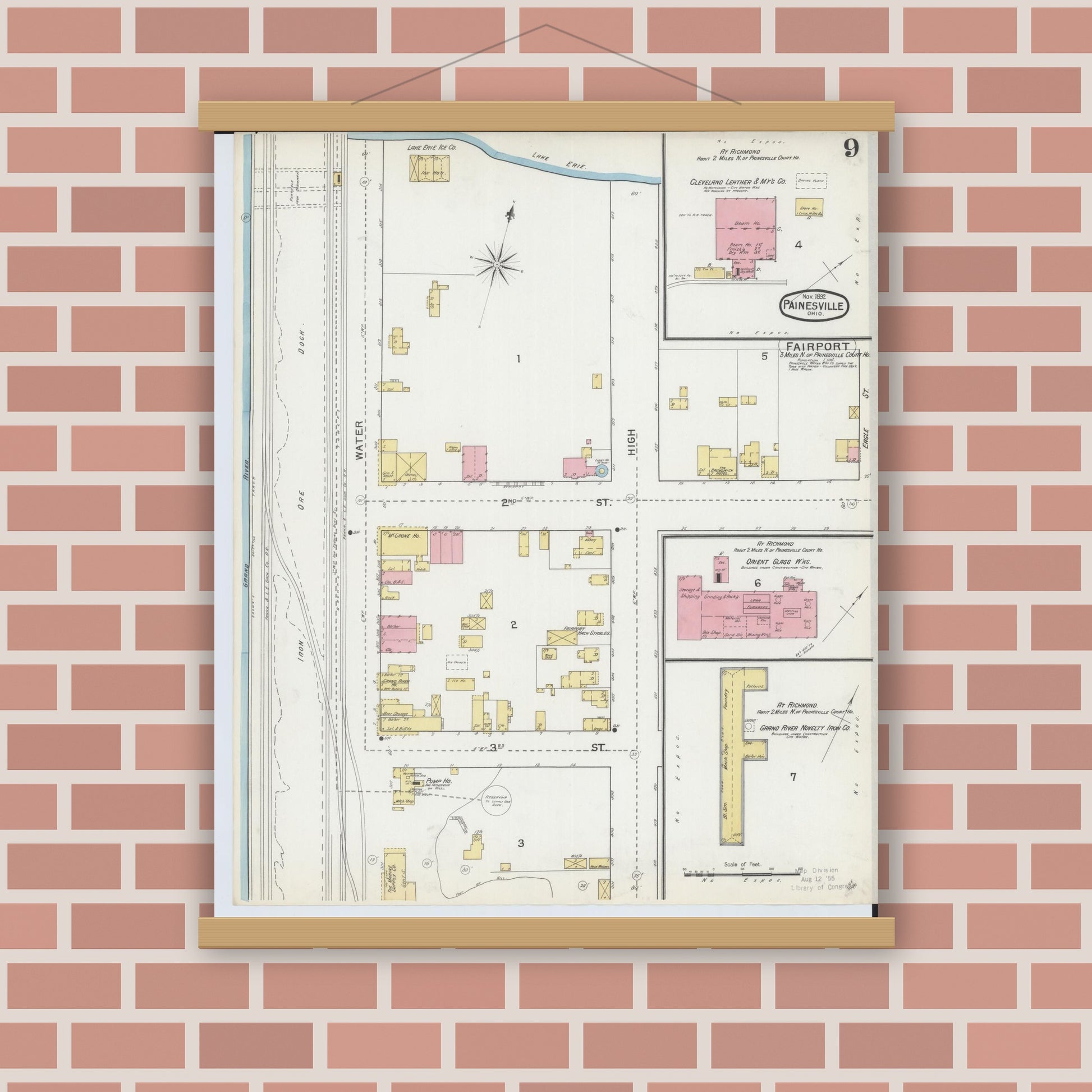 Old map wall art mockup — magnetic wood frame on brick wall — Sanborn Fire Insurance Map from Painesville, Lake County, Ohio (1892), Sheet #0009