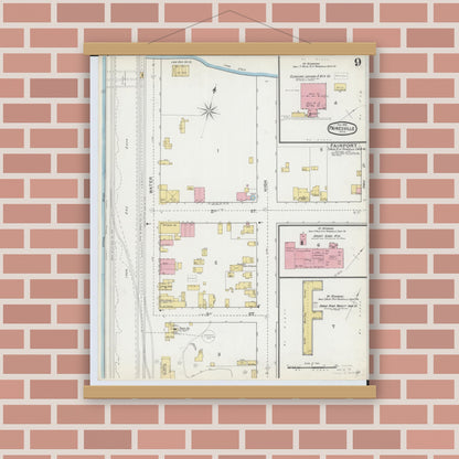 Old map wall art mockup — magnetic wood frame on brick wall — Sanborn Fire Insurance Map from Painesville, Lake County, Ohio (1892), Sheet #0009