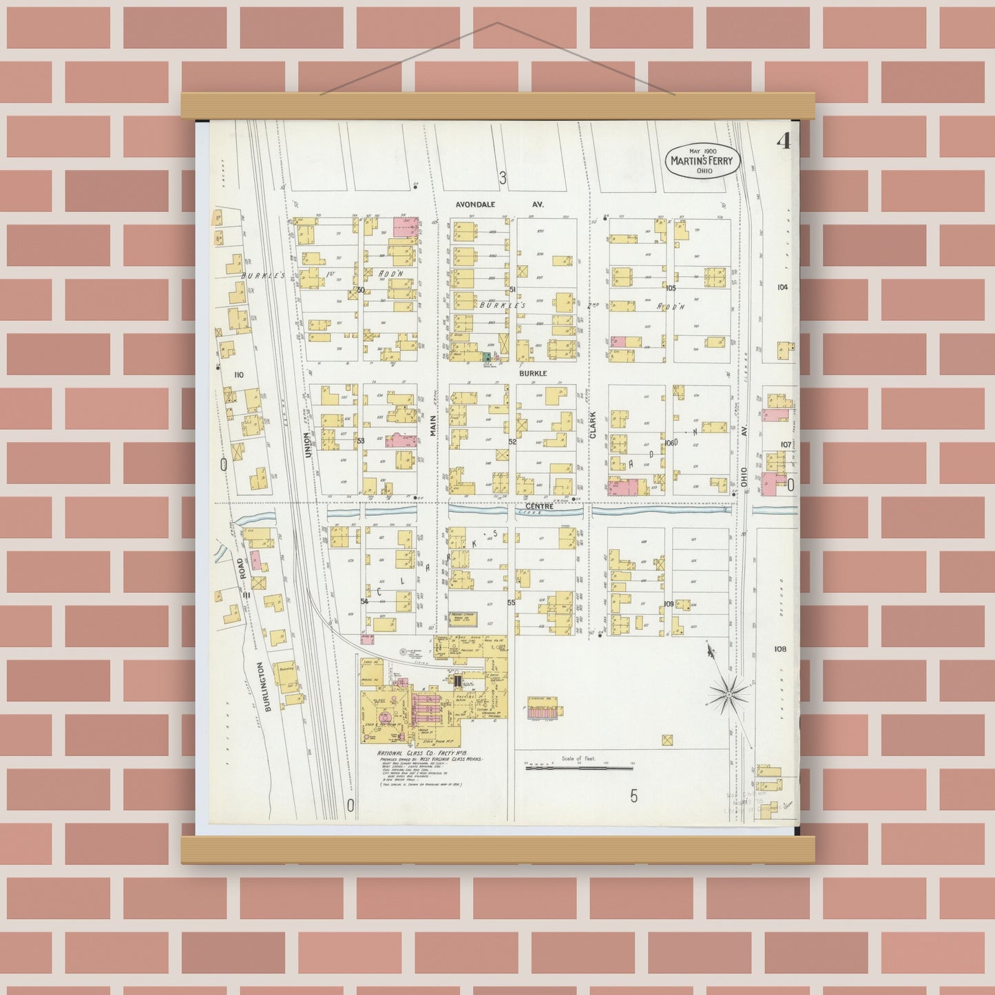 Old map wall art mockup — magnetic wood frame on brick wall — Sanborn Fire Insurance Map from Martins Ferry, Belmont County, Ohio (1900), Sheet #0004