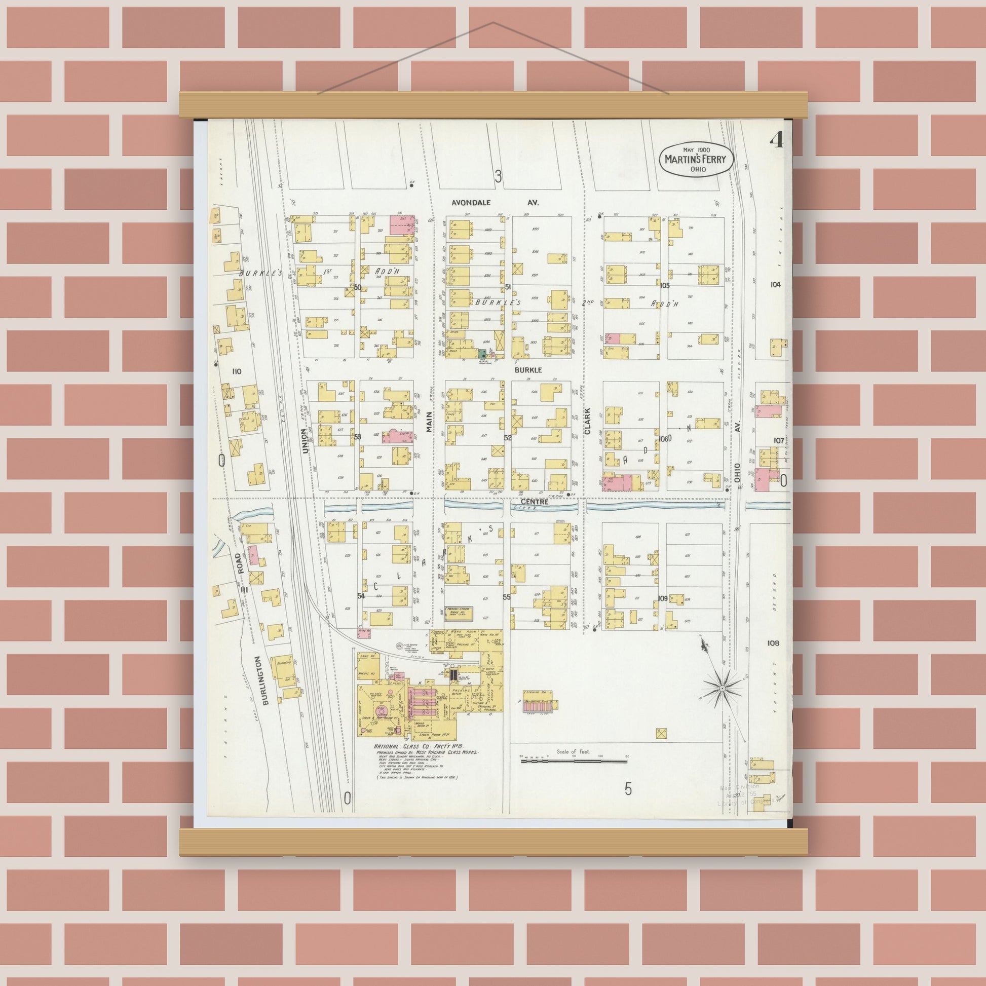 Old map wall art mockup — magnetic wood frame on brick wall — Sanborn Fire Insurance Map from Martins Ferry, Belmont County, Ohio (1900), Sheet #0004