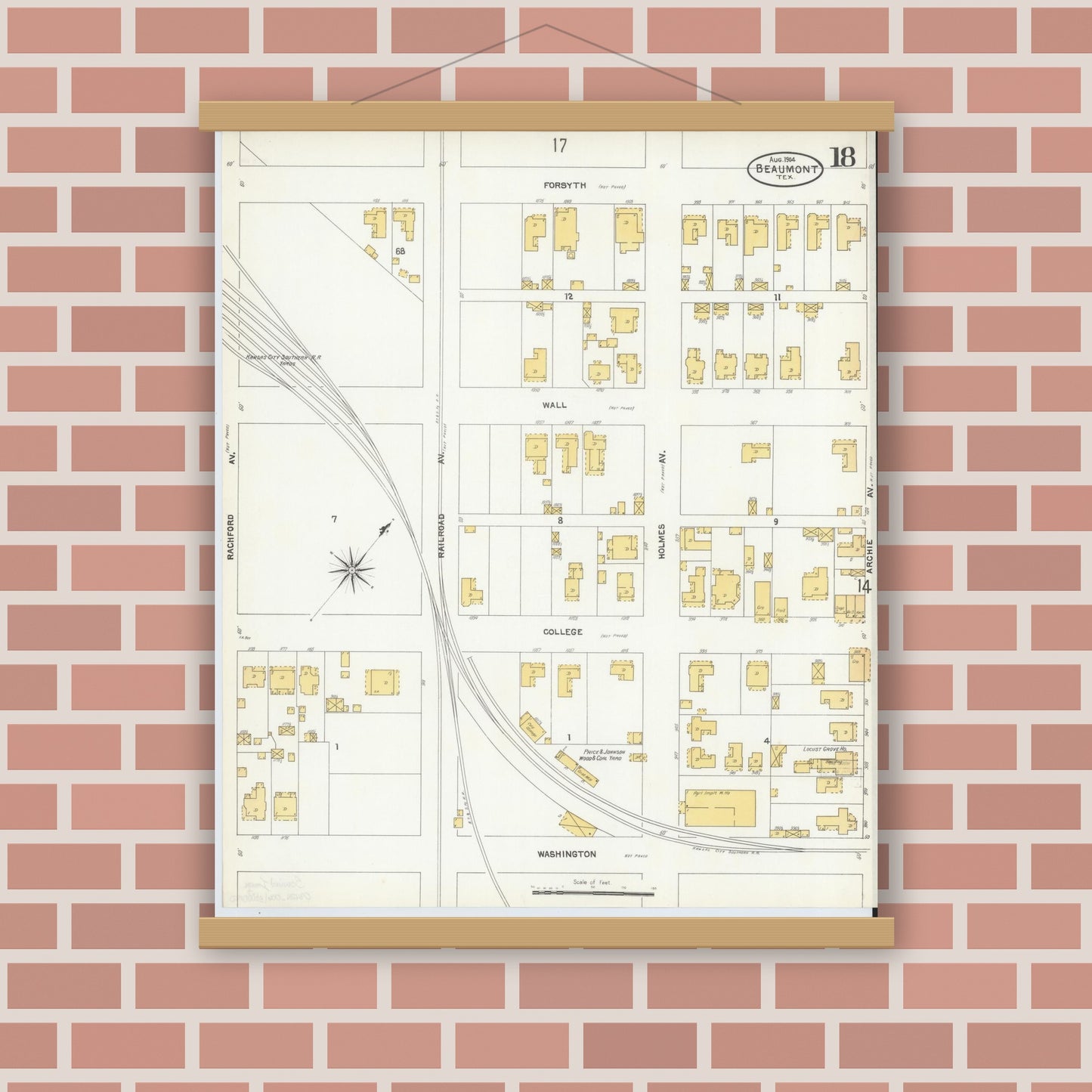 Old map wall art mockup — magnetic wood frame on brick wall — Sanborn Fire Insurance Map from Beaumont, Jefferson County, Texas (1904), Sheet #0018