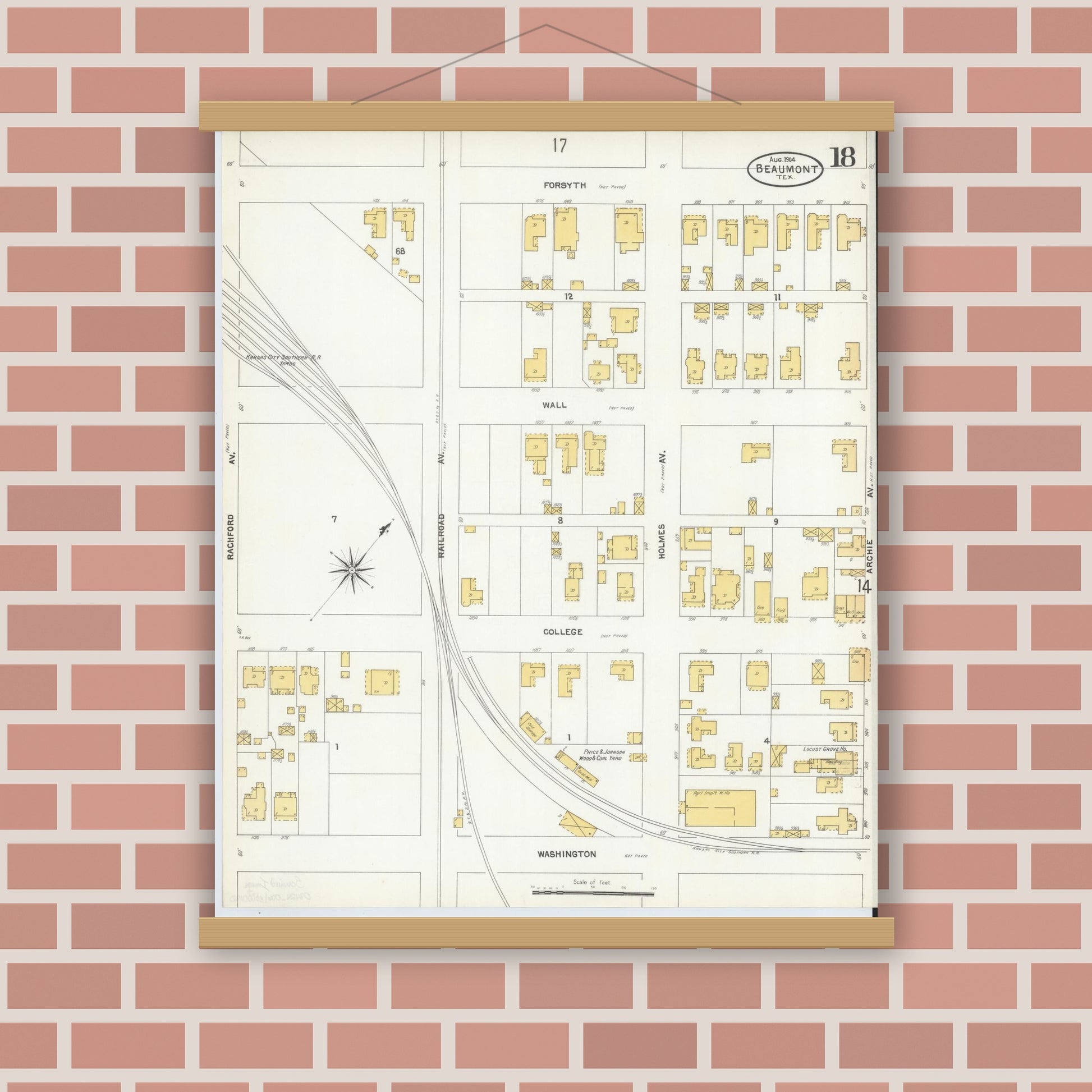 Old map wall art mockup — magnetic wood frame on brick wall — Sanborn Fire Insurance Map from Beaumont, Jefferson County, Texas (1904), Sheet #0018