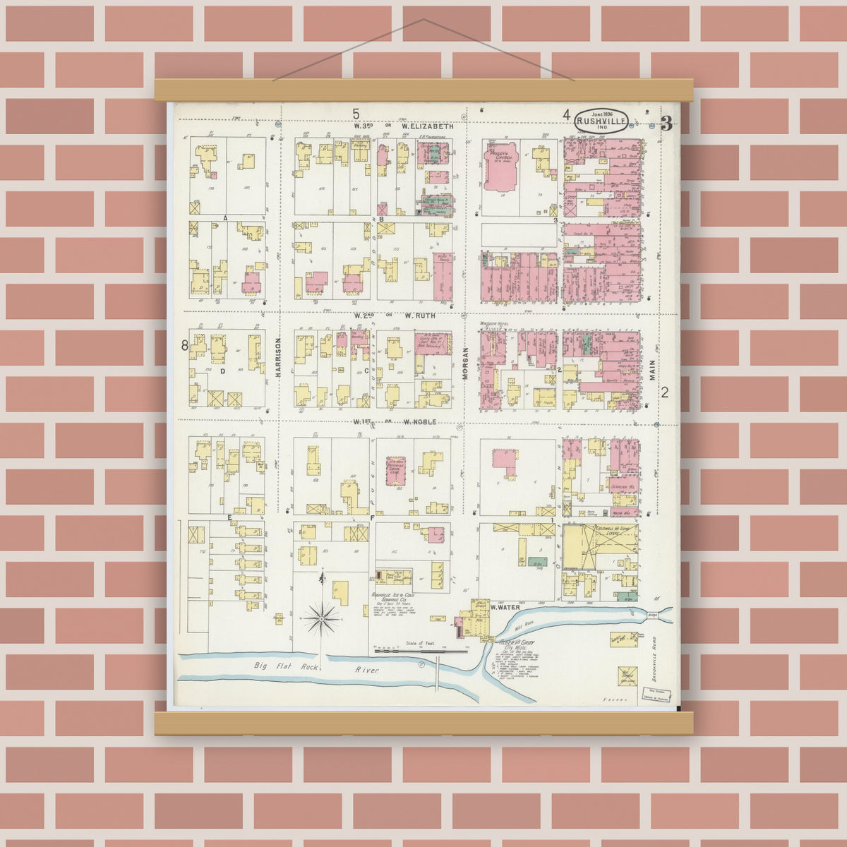 Old map wall art mockup — magnetic wood frame on brick wall — Sanborn Fire Insurance Map from Rushville, Rush County, Indiana (1896), Sheet #0003