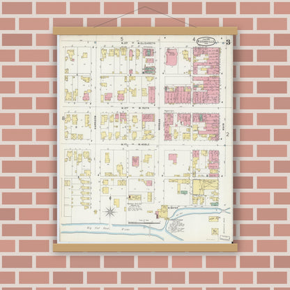 Old map wall art mockup — magnetic wood frame on brick wall — Sanborn Fire Insurance Map from Rushville, Rush County, Indiana (1896), Sheet #0003