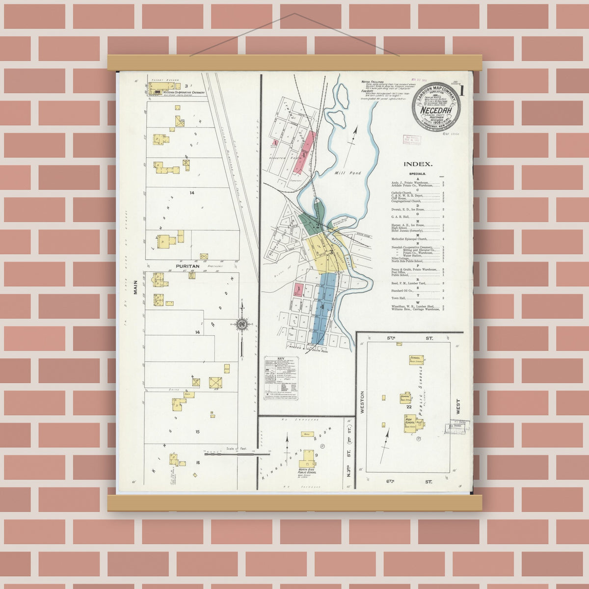 Old map wall art mockup — magnetic wood frame on brick wall — Sanborn Fire Insurance Map from Necedah, Juneau County, Wisconsin (1909), Sheet #0001