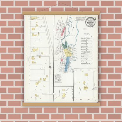 Old map wall art mockup — magnetic wood frame on brick wall — Sanborn Fire Insurance Map from Necedah, Juneau County, Wisconsin (1909), Sheet #0001