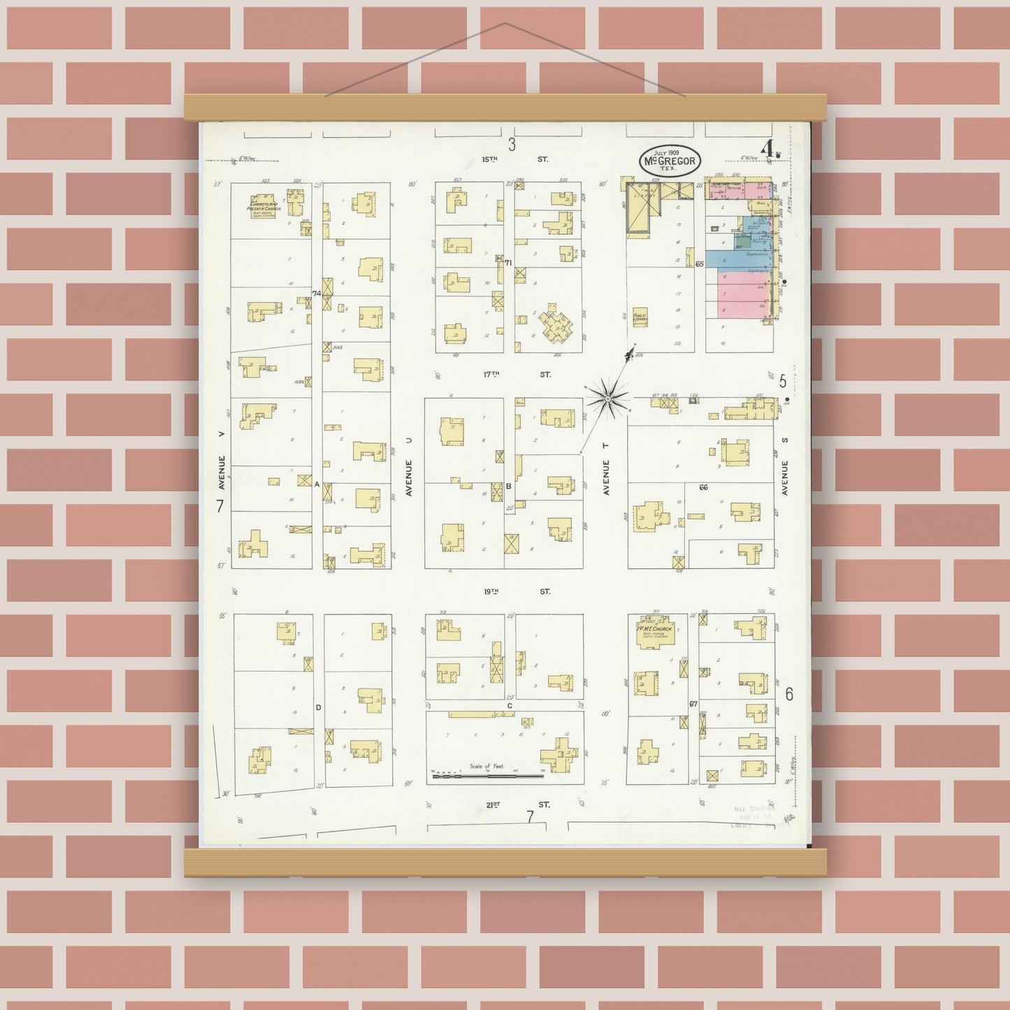 Old map wall art mockup — magnetic wood frame on brick wall — Sanborn Fire Insurance Map from McGregor, McLennan County, Texas (1909), Sheet #0004