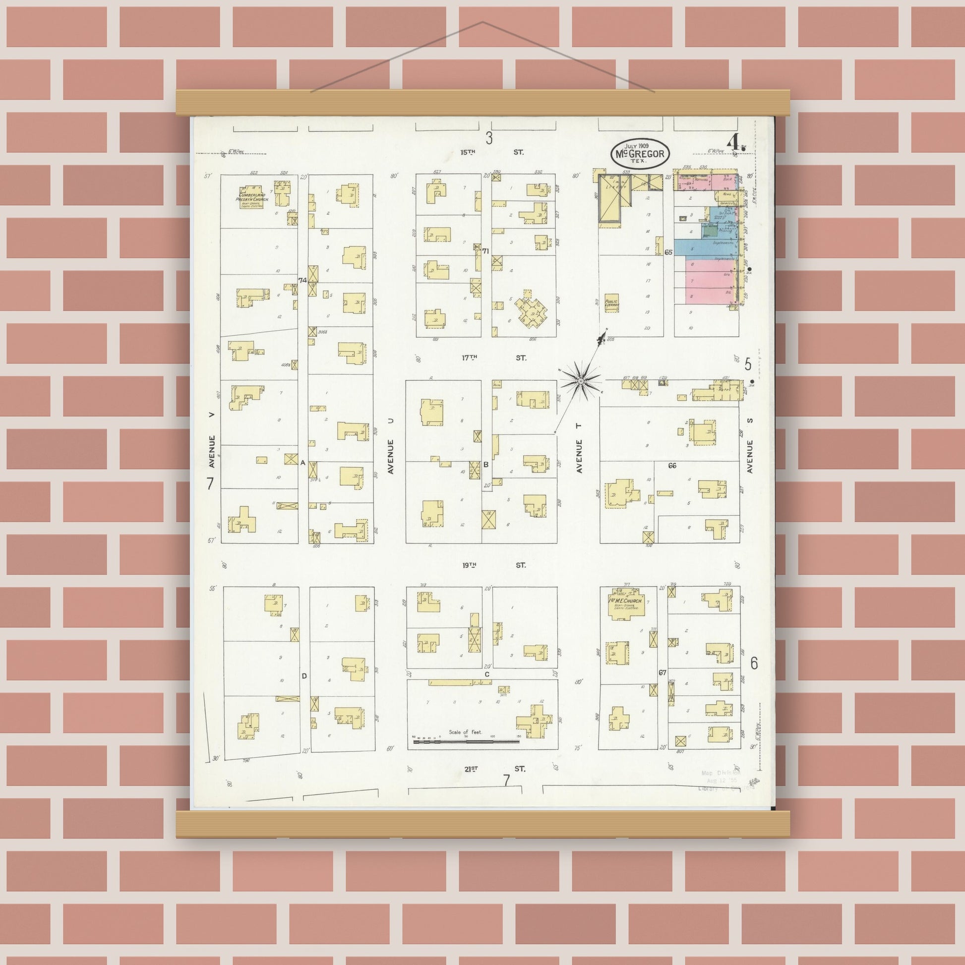 Old map wall art mockup — magnetic wood frame on brick wall — Sanborn Fire Insurance Map from McGregor, McLennan County, Texas (1909), Sheet #0004