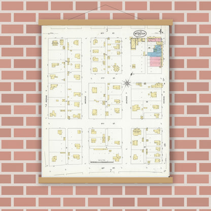 Old map wall art mockup — magnetic wood frame on brick wall — Sanborn Fire Insurance Map from McGregor, McLennan County, Texas (1909), Sheet #0004