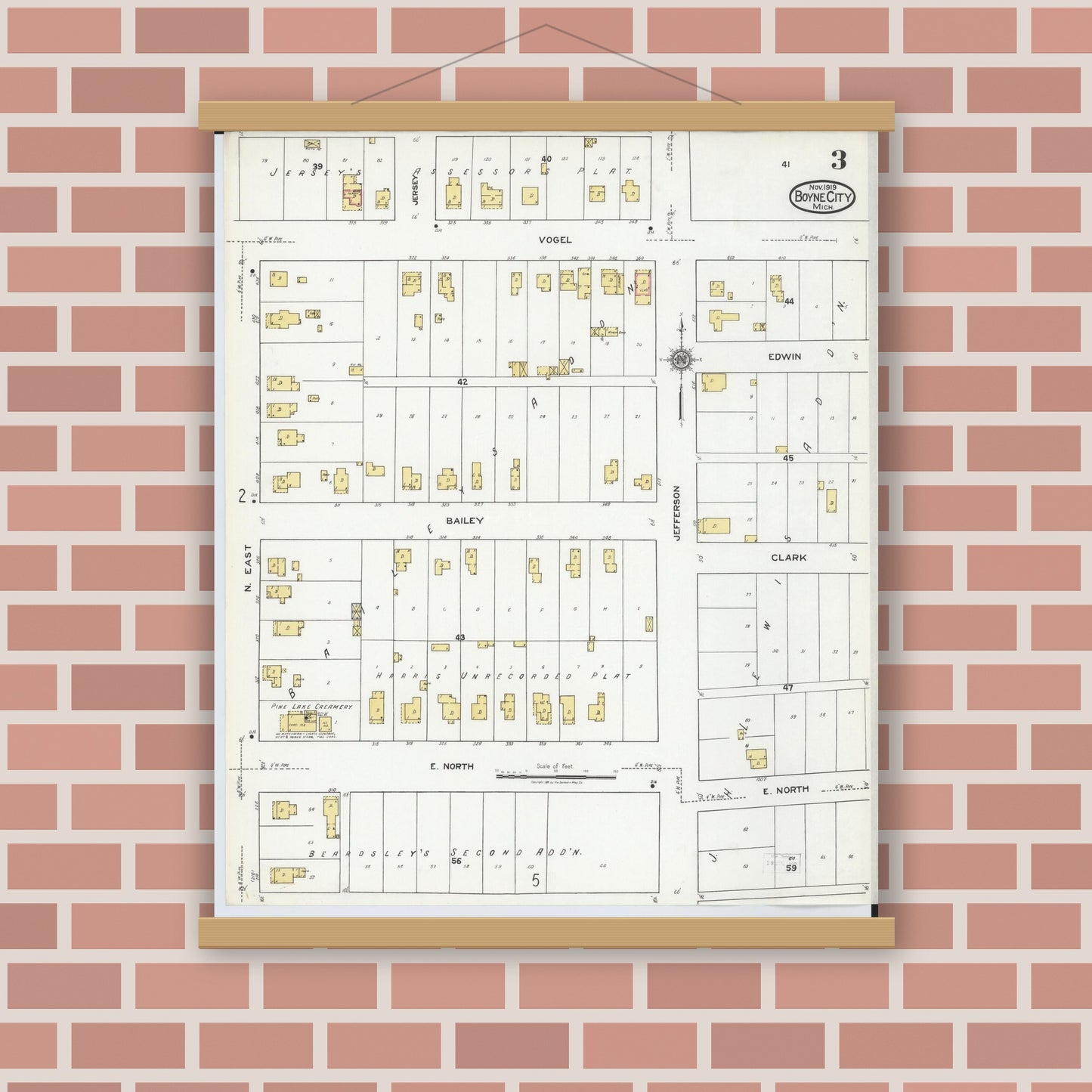 Old map wall art mockup — magnetic wood frame on brick wall — Sanborn Fire Insurance Map from Boyne City, Charlevoix County, Michigan (1919), Sheet #0003