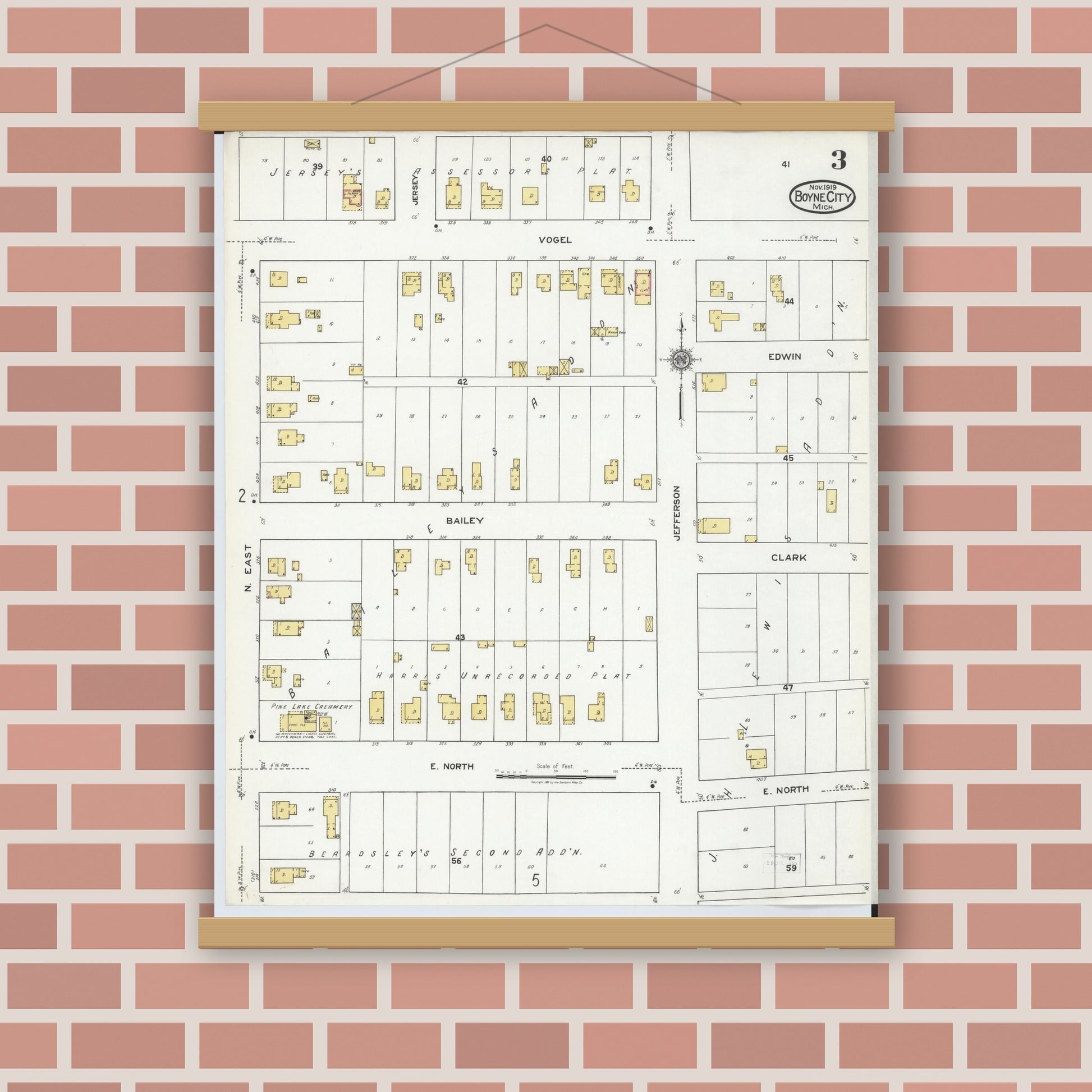 Old map wall art mockup — magnetic wood frame on brick wall — Sanborn Fire Insurance Map from Boyne City, Charlevoix County, Michigan (1919), Sheet #0003