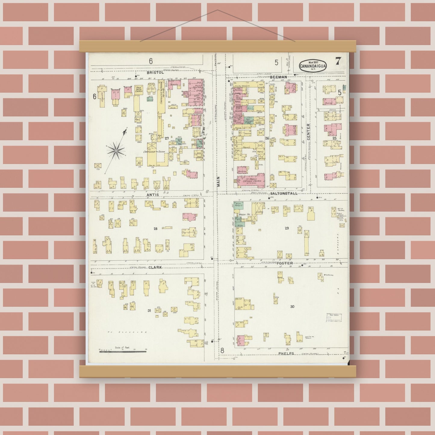 Old map wall art mockup — magnetic wood frame on brick wall — Sanborn Fire Insurance Map from Canandaigua, Ontario County, New York (1897), Sheet #0007