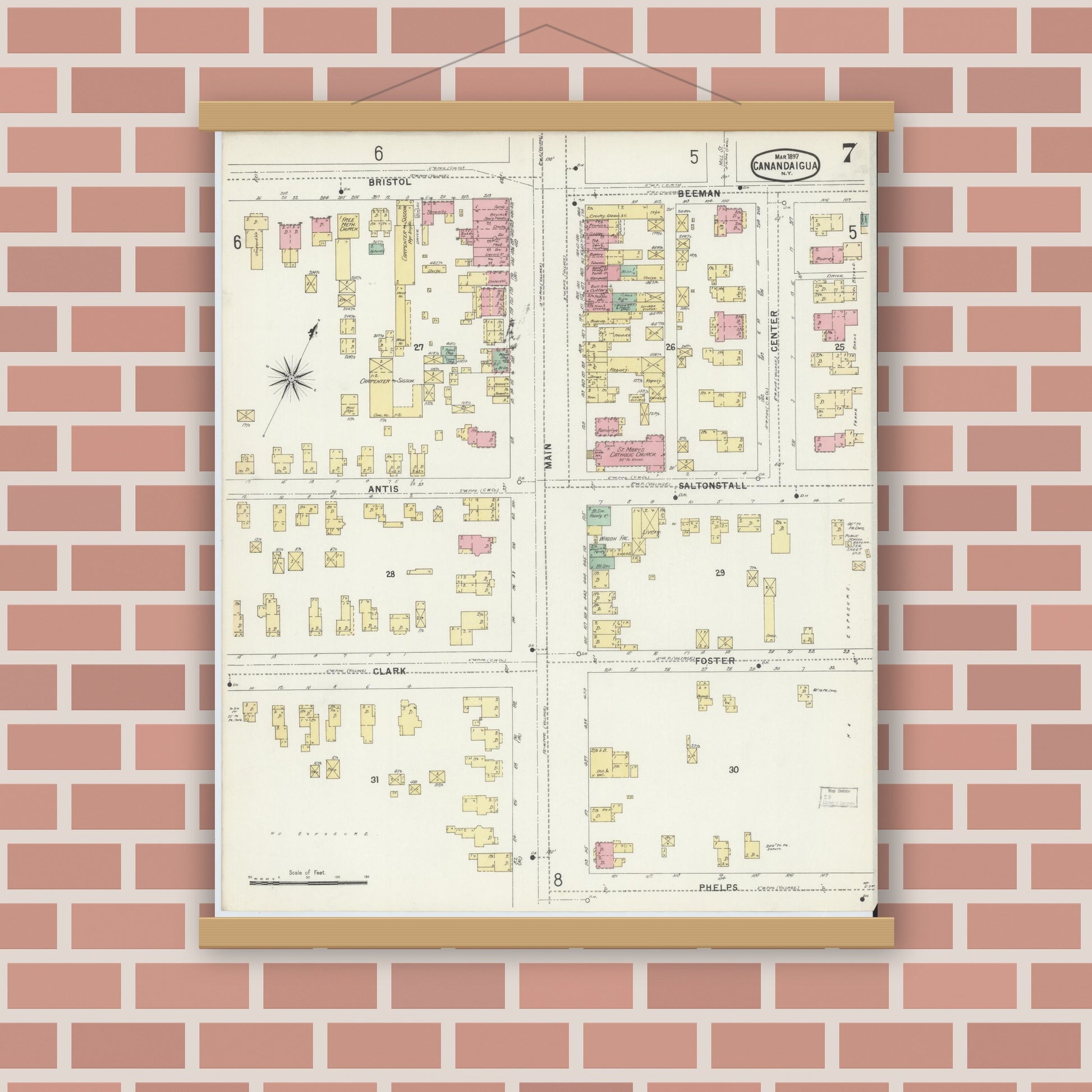 Old map wall art mockup — magnetic wood frame on brick wall — Sanborn Fire Insurance Map from Canandaigua, Ontario County, New York (1897), Sheet #0007