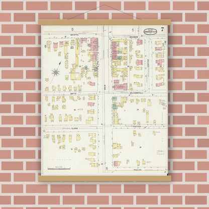 Old map wall art mockup — magnetic wood frame on brick wall — Sanborn Fire Insurance Map from Canandaigua, Ontario County, New York (1897), Sheet #0007