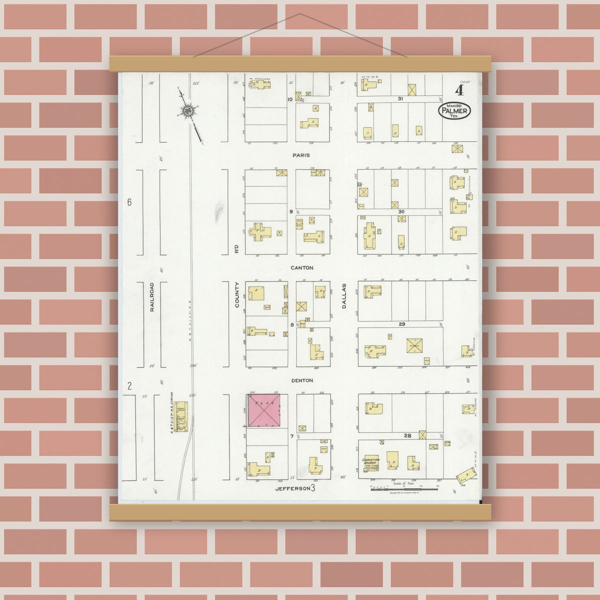 Old map wall art mockup — magnetic wood frame on brick wall — Sanborn Fire Insurance Map from Palmer, Ellis County, Texas (1921), Sheet #0004