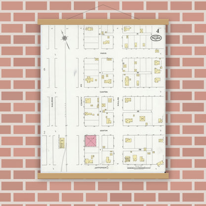 Old map wall art mockup — magnetic wood frame on brick wall — Sanborn Fire Insurance Map from Palmer, Ellis County, Texas (1921), Sheet #0004