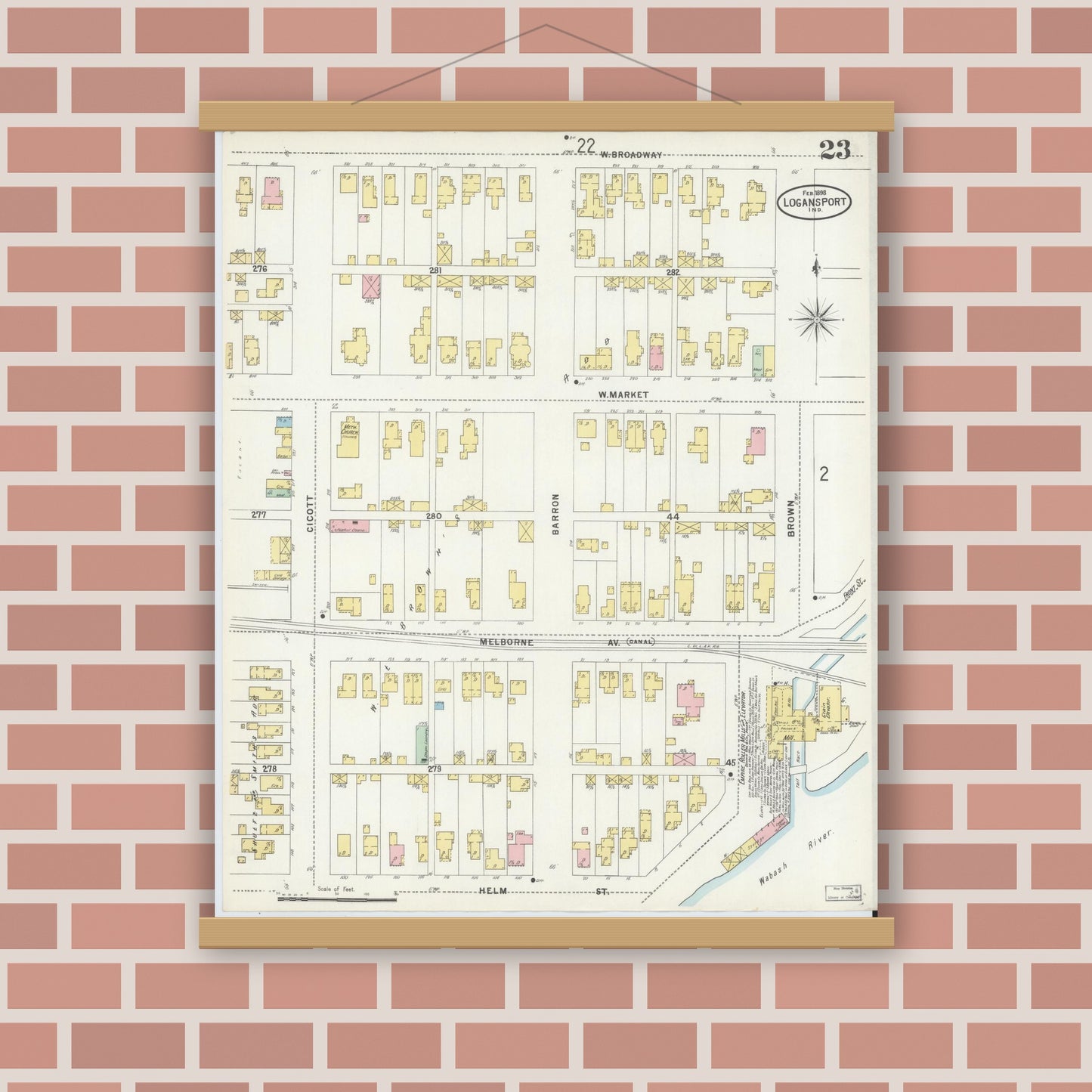 Old map wall art mockup — magnetic wood frame on brick wall — Sanborn Fire Insurance Map from Logansport, Cass County, Indiana (1898), Sheet #0023