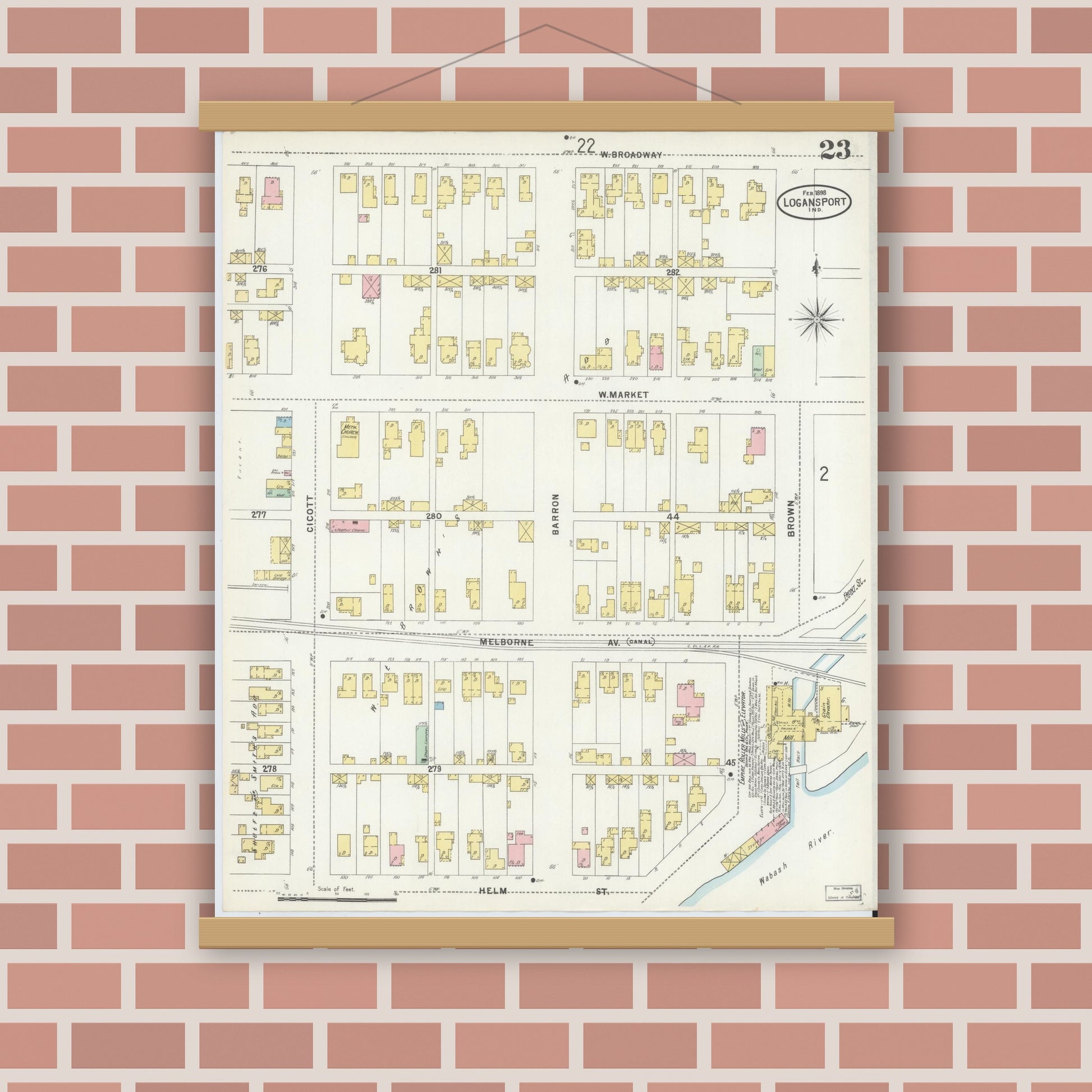 Old map wall art mockup — magnetic wood frame on brick wall — Sanborn Fire Insurance Map from Logansport, Cass County, Indiana (1898), Sheet #0023