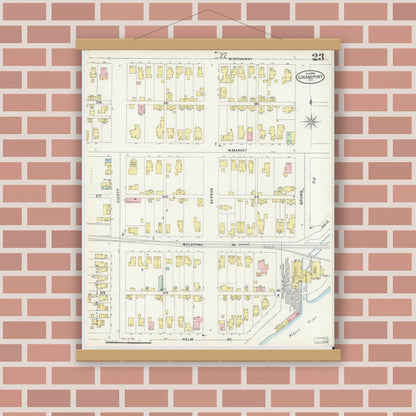 Old map wall art mockup — magnetic wood frame on brick wall — Sanborn Fire Insurance Map from Logansport, Cass County, Indiana (1898), Sheet #0023
