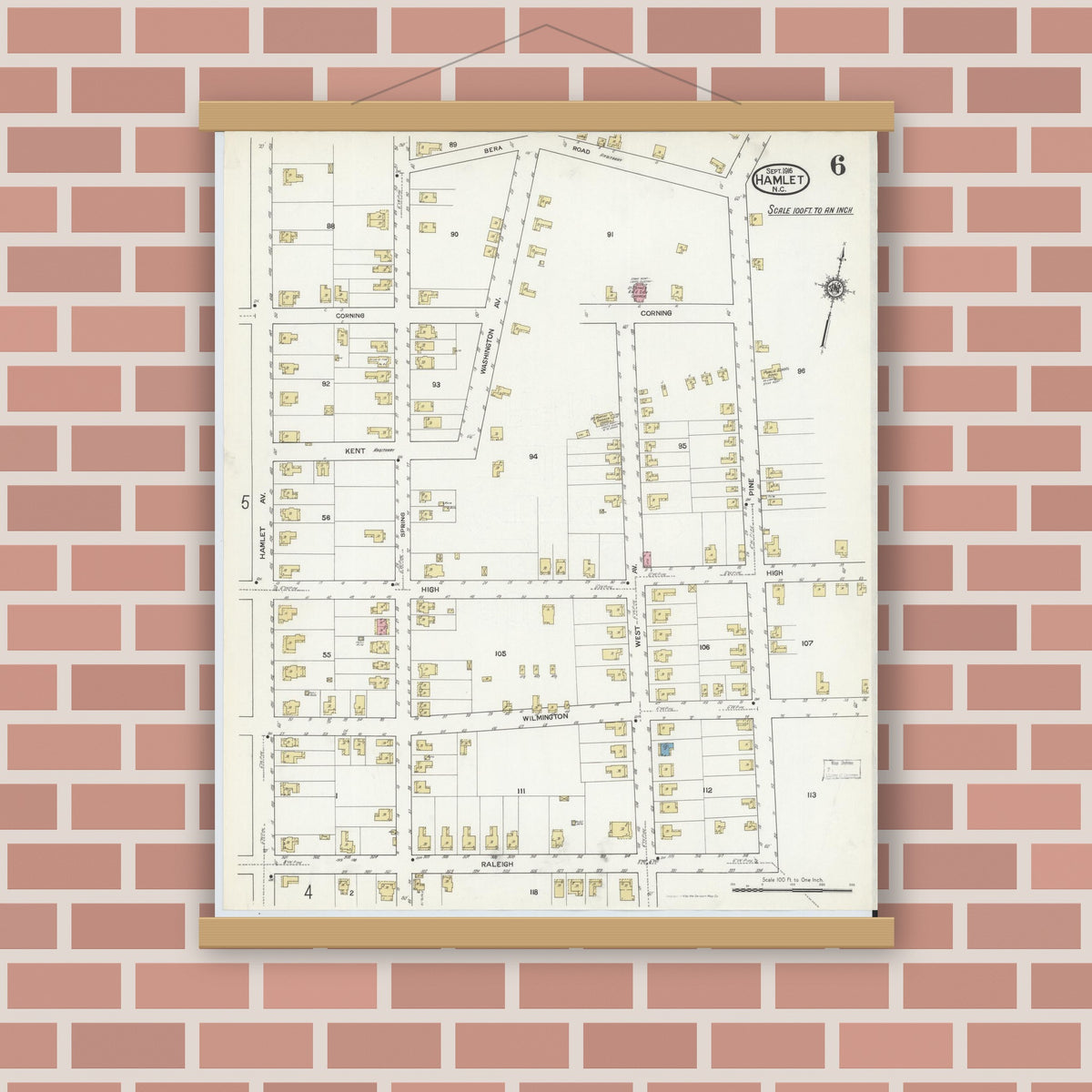 Old map wall art mockup — magnetic wood frame on brick wall — Sanborn Fire Insurance Map from Hamlet, Richmond County, North Carolina (1916), Sheet #0006