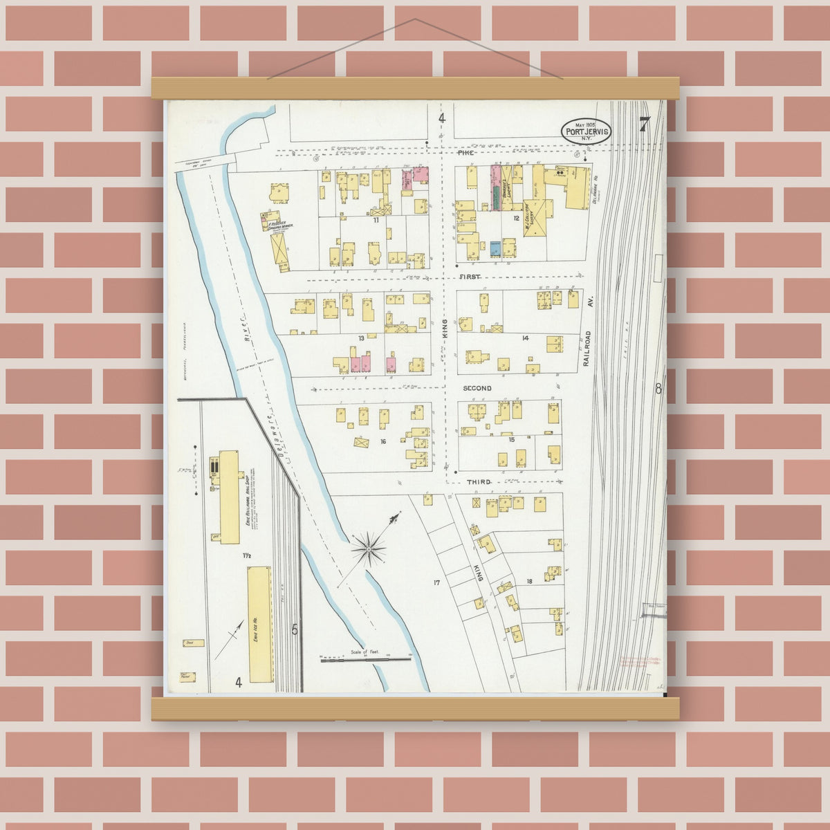Old map wall art mockup — magnetic wood frame on brick wall — Sanborn Fire Insurance Map from Port Jervis, Orange County, New York (1905), Sheet #0007