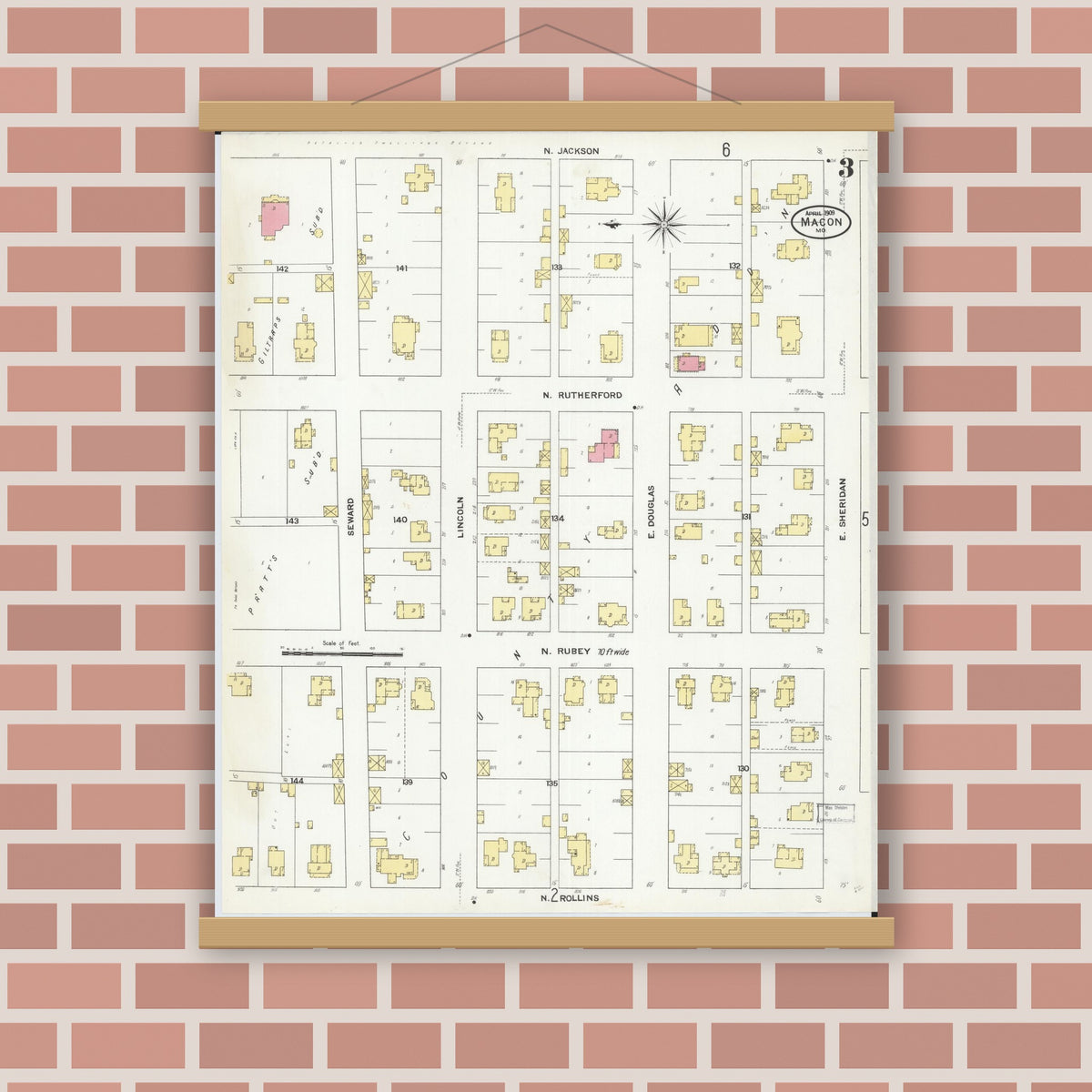 Old map wall art mockup — magnetic wood frame on brick wall — Sanborn Fire Insurance Map from Macon, Macon County, Missouri (1909), Sheet #0003
