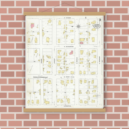 Old map wall art mockup — magnetic wood frame on brick wall — Sanborn Fire Insurance Map from Macon, Macon County, Missouri (1909), Sheet #0003