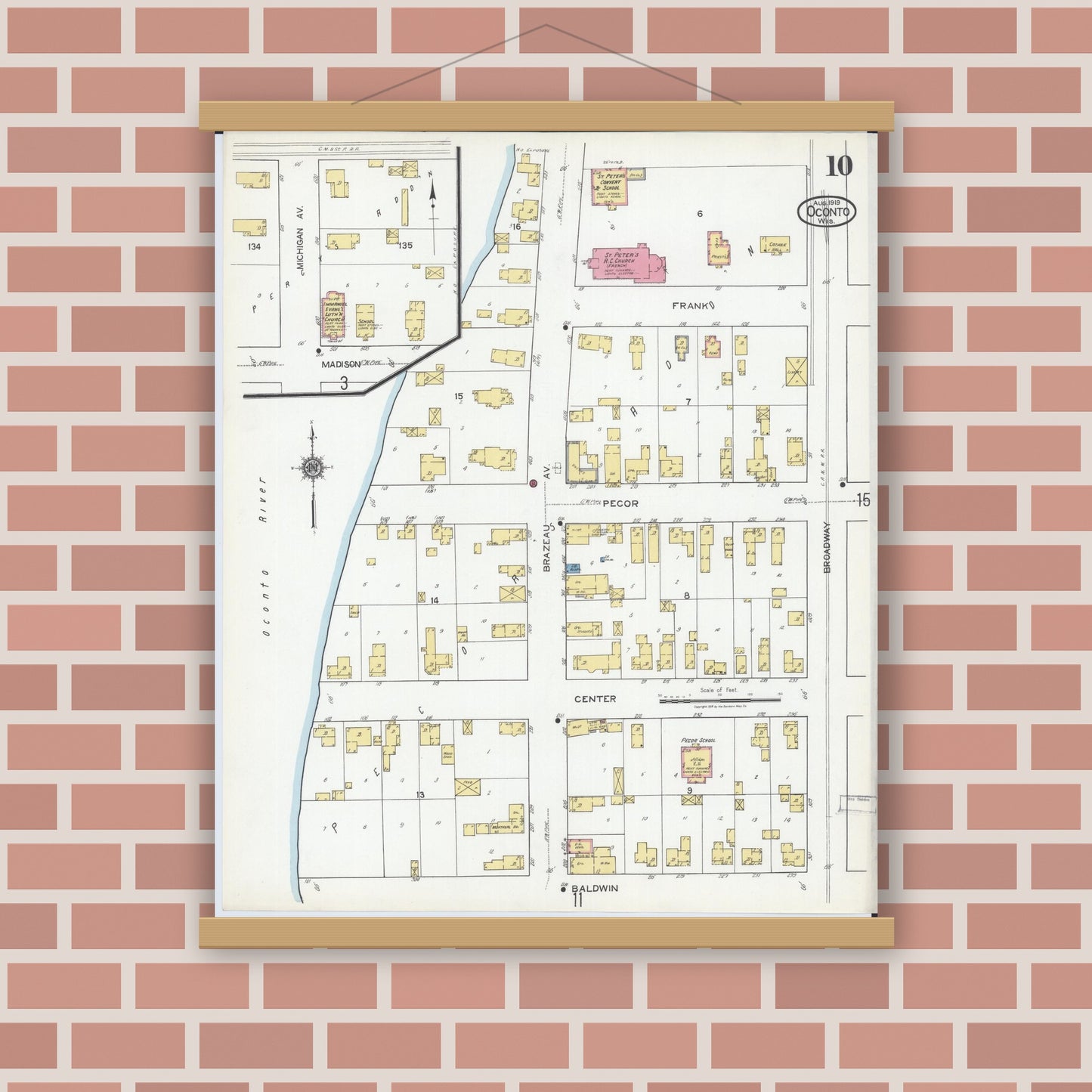 Old map wall art mockup — magnetic wood frame on brick wall — Sanborn Fire Insurance Map from Oconto, Oconto County, Wisconsin (1919), Sheet #0010