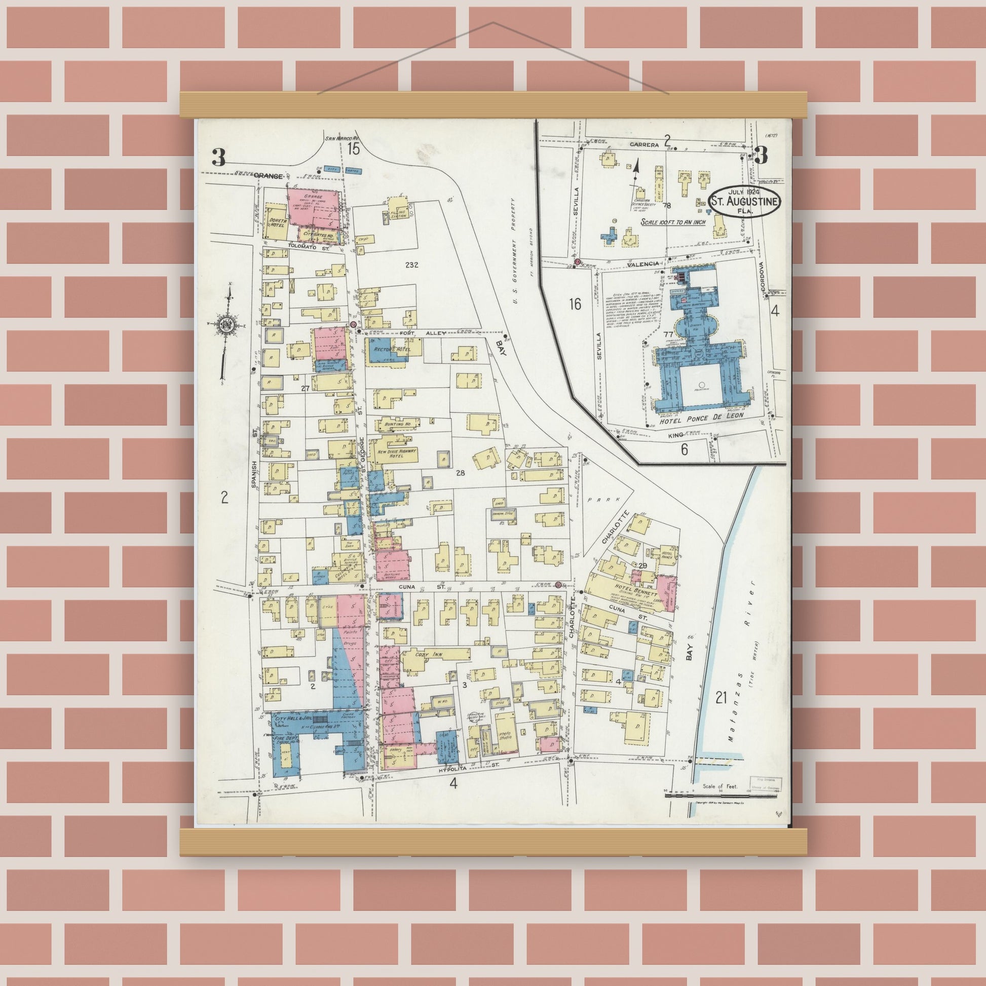 Old map wall art mockup — magnetic wood frame on brick wall — Sanborn Fire Insurance Map from Saint Augustine, Saint John's County, Florida (1924), Sheet #0003