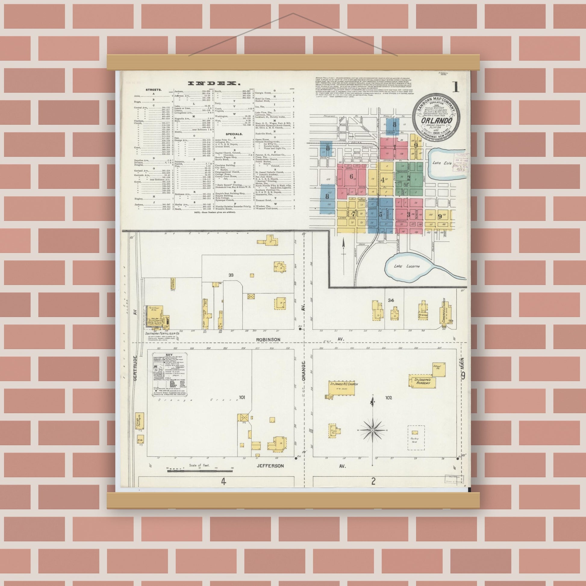 Old map wall art mockup — magnetic wood frame on brick wall — Sanborn Fire Insurance Map from Orlando, Orange County, Florida (1903), Sheet #0001
