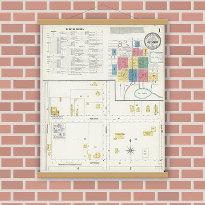 Old map wall art mockup — magnetic wood frame on brick wall — Sanborn Fire Insurance Map from Orlando, Orange County, Florida (1903), Sheet #0001